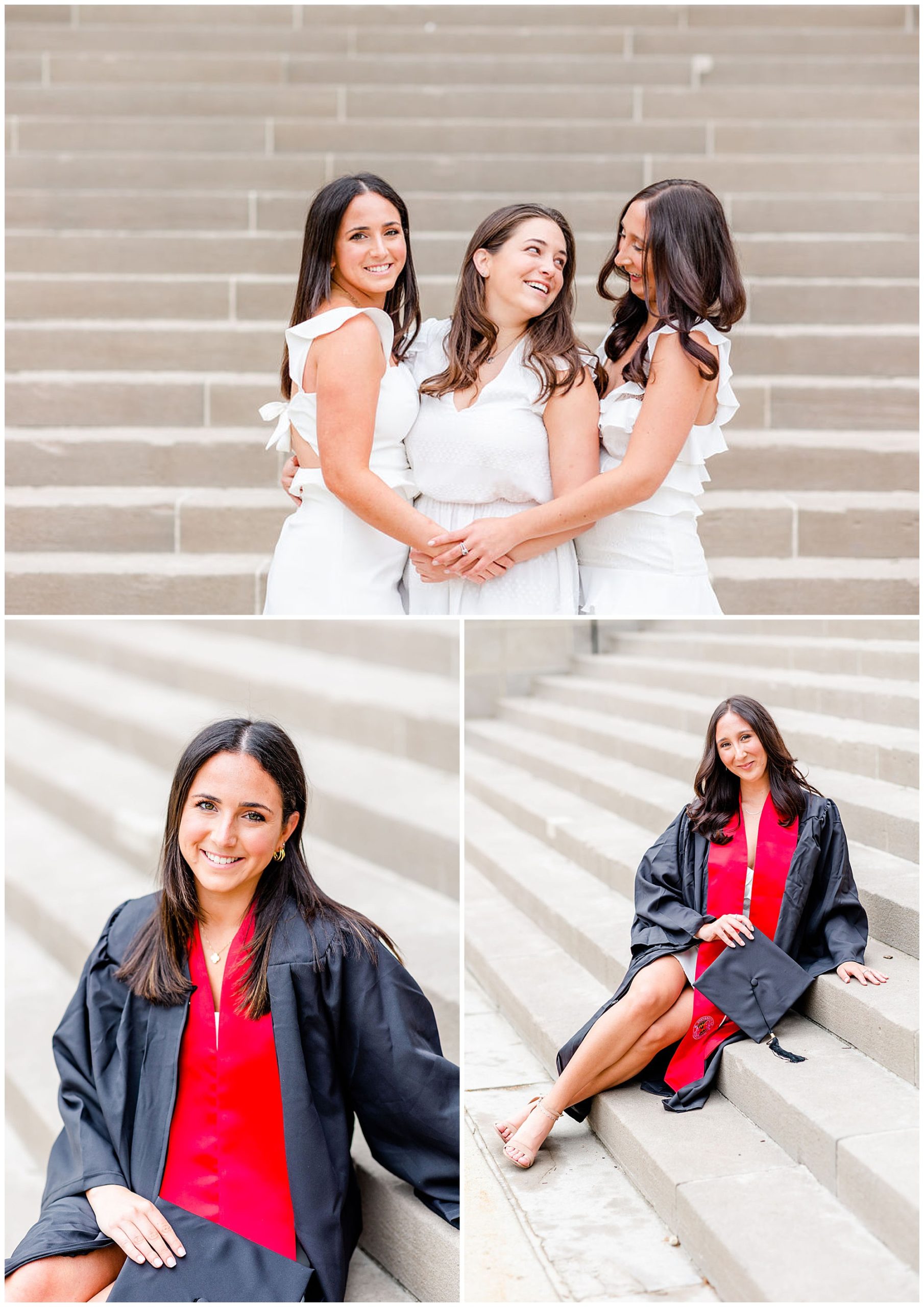 UMD group graduation photos, University of Maryland graduation photos, UMD graduates, D.C. graduation photographer, group graduation photos, senior portraits, Rachel E.H. Photography, three women looking at each other, woman sitting on marble steps, woman in cap and gown