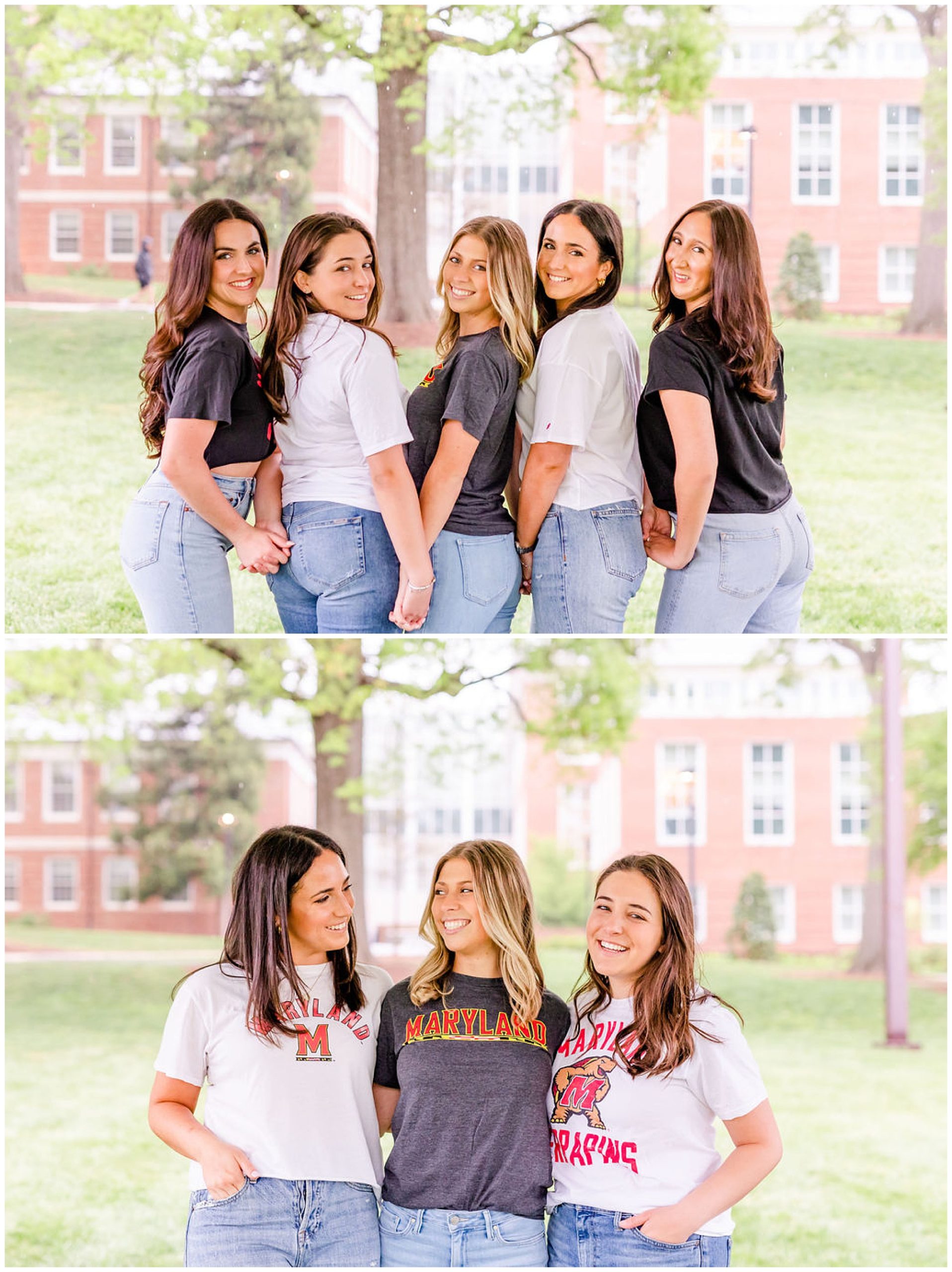 UMD group graduation photos, University of Maryland graduation photos, UMD graduates, D.C. graduation photographer, group graduation photos, senior portraits, Rachel E.H. Photography, five women holding hands, women looking over their shoulder, three women smiling at each other, UMD t-shirts 