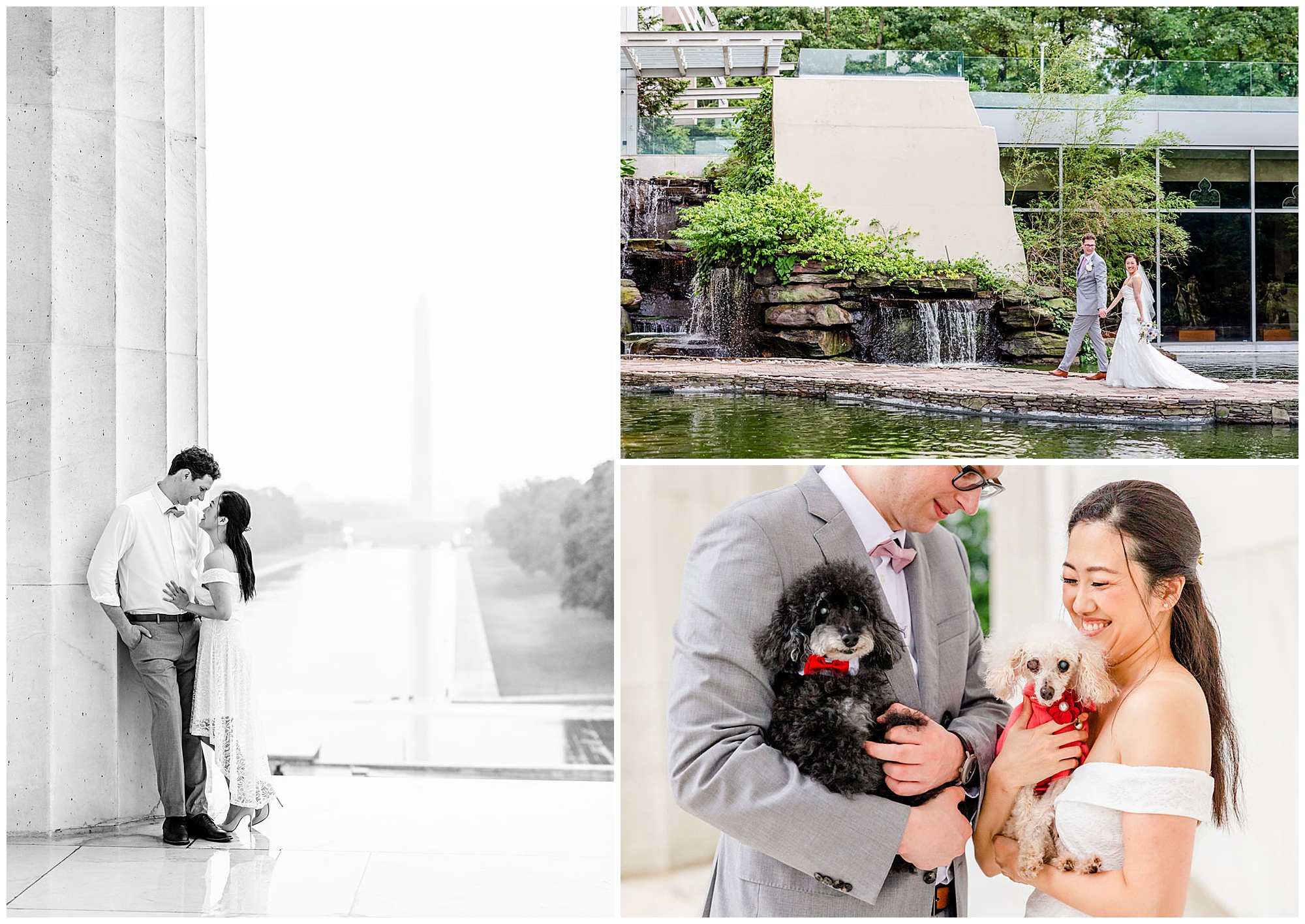 best of 2022 elopements and micro-weddings, best of weddings, best of 2022, DC wedding photographer, DC micro-wedding photographer, DC elopement photographer, Alexandria elopement photographer, Old Town elopement photographer, Rachel E.H. Photography, couple holding dogs, couple leaning on pillar, black and white, couple walking past waterfall