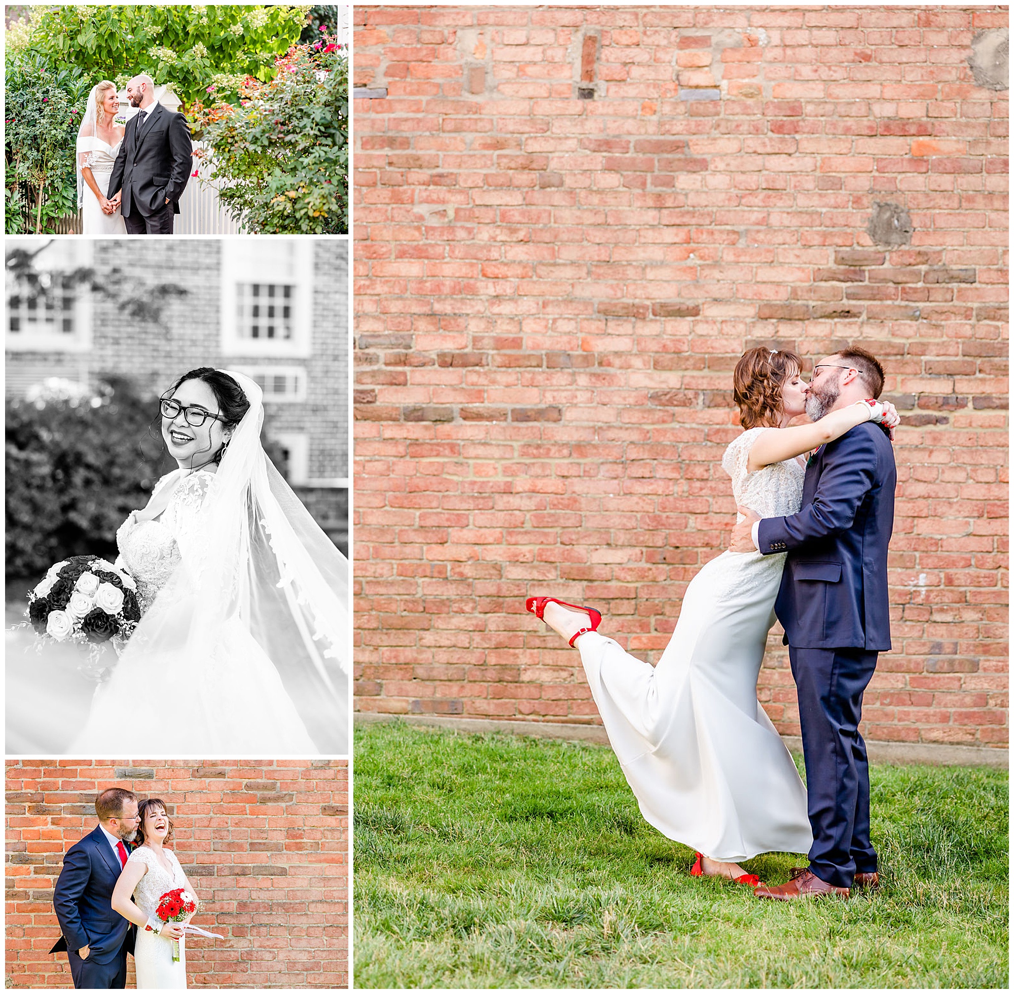 best of 2022 elopements and micro-weddings, best of weddings, best of 2022, DC wedding photographer, DC micro-wedding photographer, DC elopement photographer, Alexandria elopement photographer, Old Town elopement photographer, Rachel E.H. Photography, couple kissing, brick wall, black and white, red wedding shoes, bride smiling