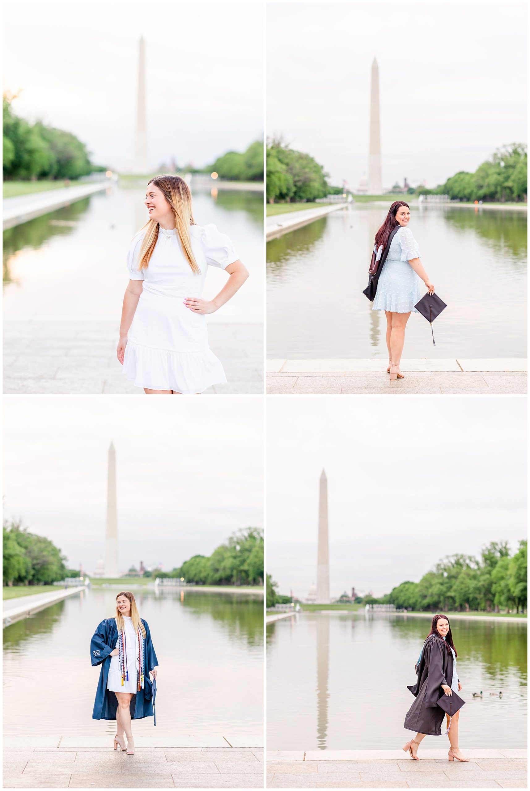 sister graduation photo session, Lincoln Memorial graduation photos, sibling graduation photos, magic hour graduation photos, Washington D.C. graduation photos, D.C graduates, Rachel E.H. Photographer, D.C. graduation photographer, dirty blonde woman, woman with hand on hip, white graduation dress, woman holding graduation cap, woman looking into reflecting pool