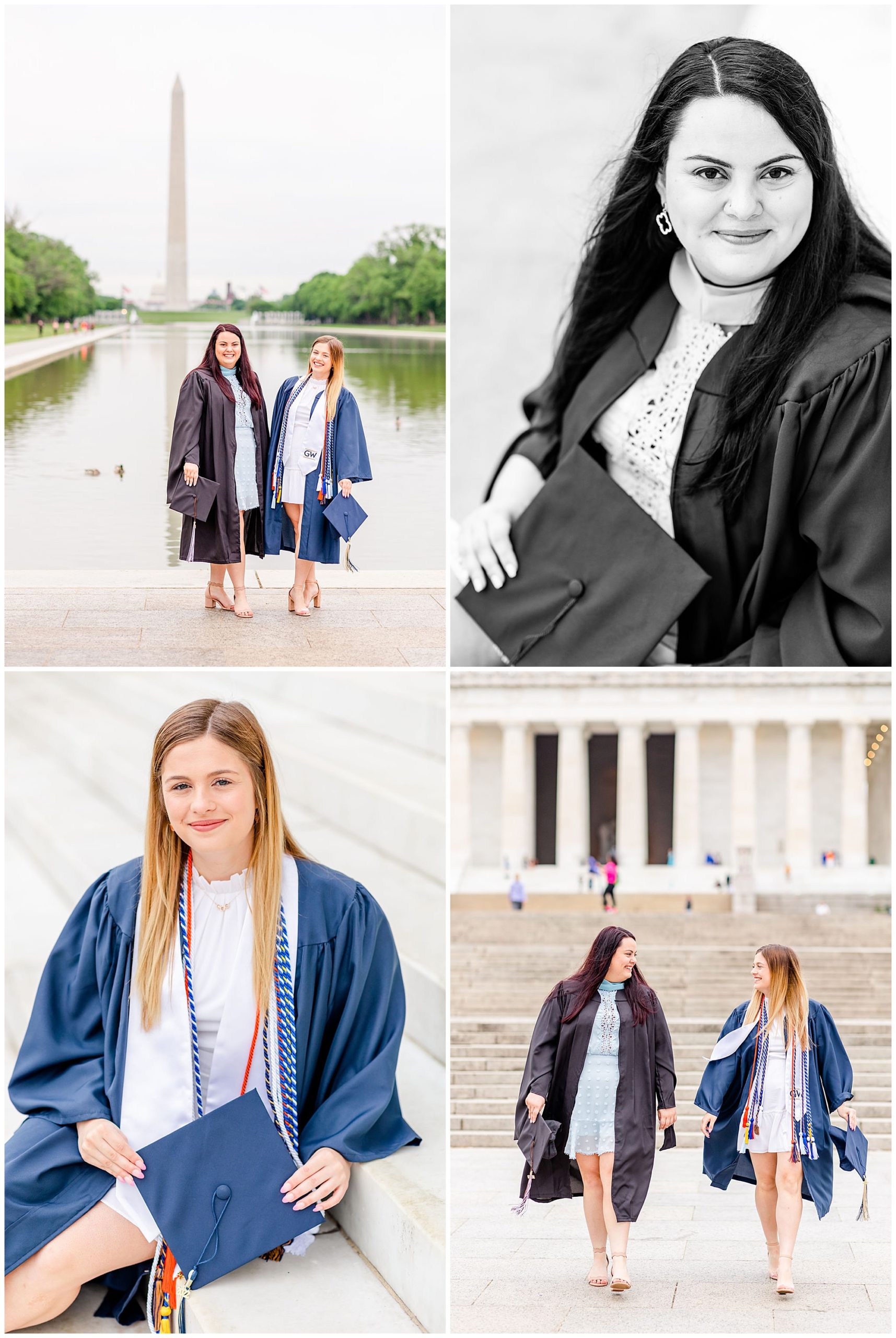 sister graduation photo session, Lincoln Memorial graduation photos, sibling graduation photos, magic hour graduation photos, Washington D.C. graduation photos, D.C graduates, Rachel E.H. Photographer, D.C. graduation photographer, black and white, woman sitting on steps of Lincoln memorial, sisters looking at each other, women walking towards camera