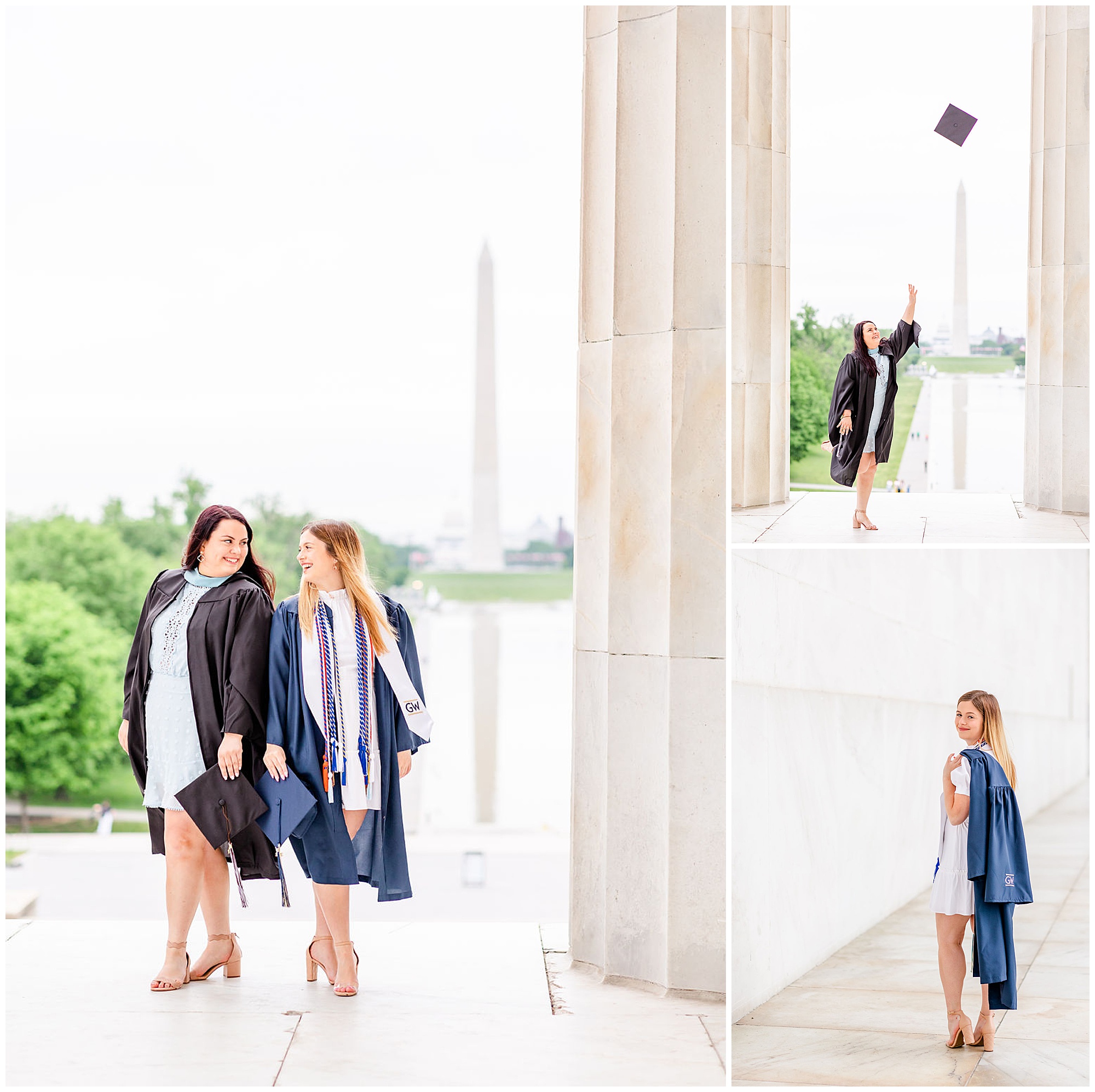 sister graduation photo session, Lincoln Memorial graduation photos, sibling graduation photos, magic hour graduation photos, Washington D.C. graduation photos, D.C graduates, Rachel E.H. Photographer, D.C. graduation photographer, sisters holding hands, sisters graduating, woman holding gown over shoulder, woman throwing cap