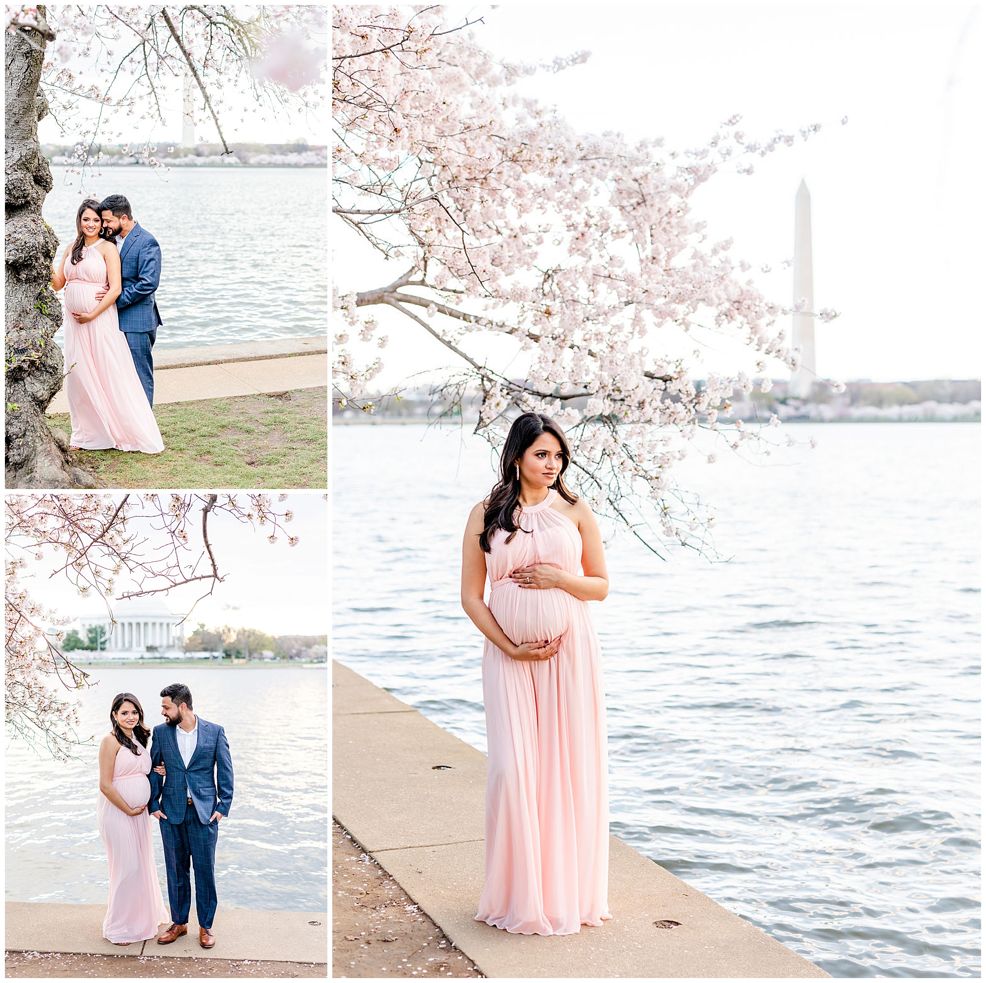 windy cherry blossoms maternity session, D.C. maternity photos, cherry blossoms maternity photos, D.C. portraits, D.C. cherry blossoms portraits, Tidal Basin Washington D.C., D.C. maternity photographer, D.C. photographer, spring portratis, Rachel E.H. Photography, woman holding baby bump, pink dress, woman holding mans arm