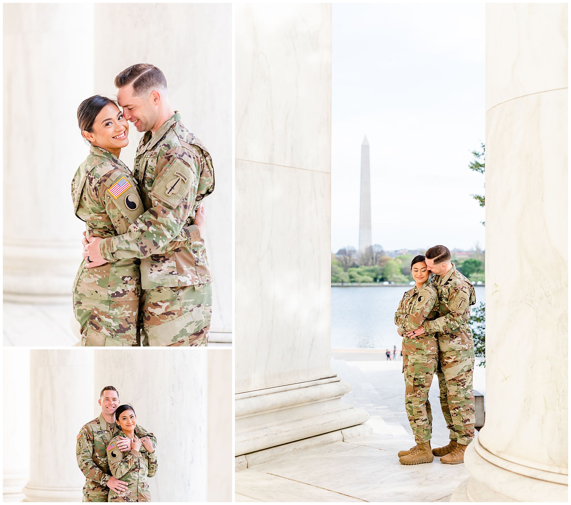 kwanzan cherry blossom portraits, Army couple, D.C. cherry blossom portraits, love birds, romantic portraits, couple goals, military couple, D.C. cherry blossoms photos, spring portraits, newlywed portraits, Rachel E.H. Photography, woman looking at camera, woman in army uniform, man hugging woman from behind