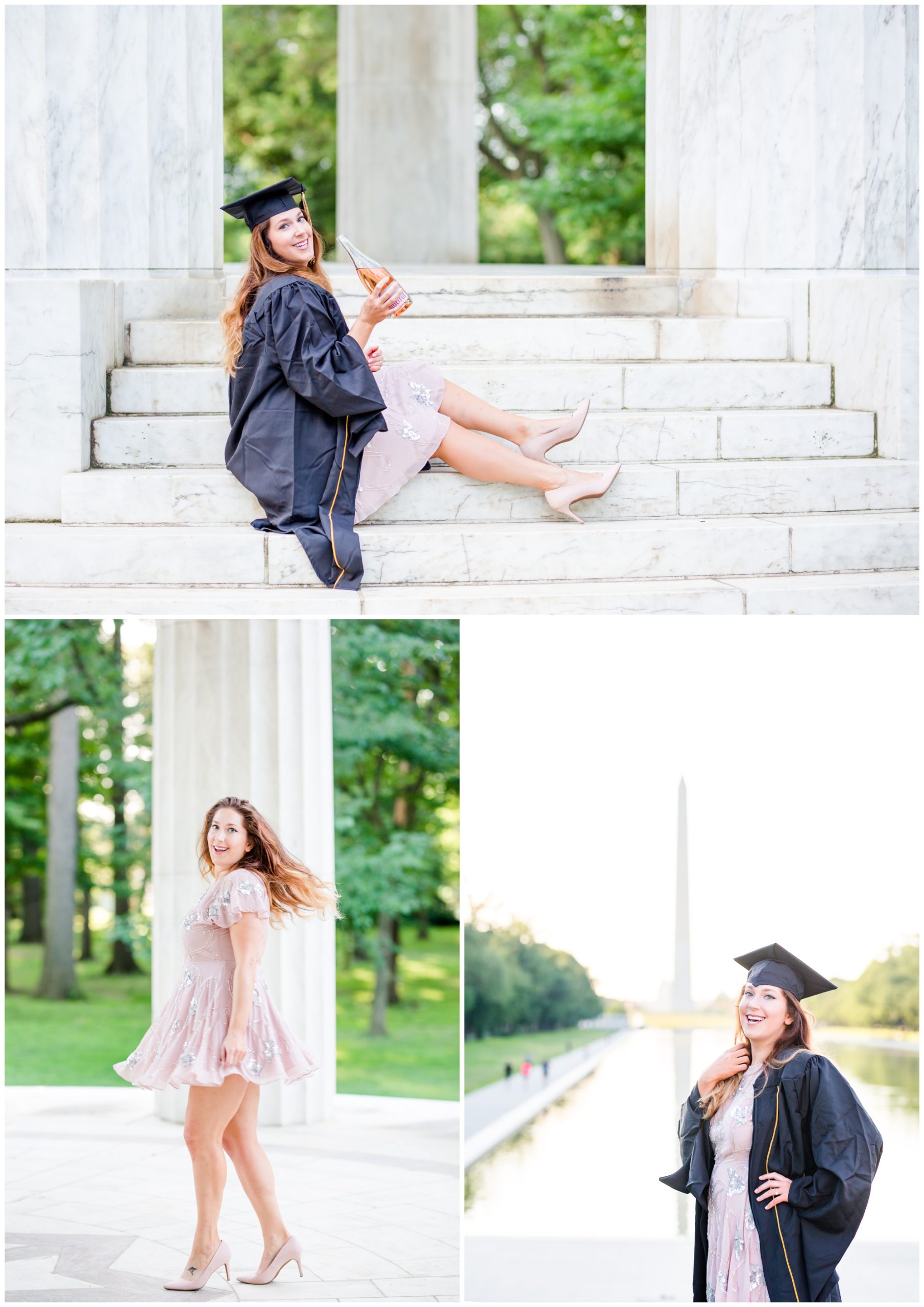 graduation photo tips, D.C. graduates, Washington D.C. universities, graduation photos in D.C., graduation photography, graduation portraits, D.C. graduation, Rachel E.H. Photography, woman with champagne, lace pink dress, woman in front of reflecting pool, woman smiling, woman graduate