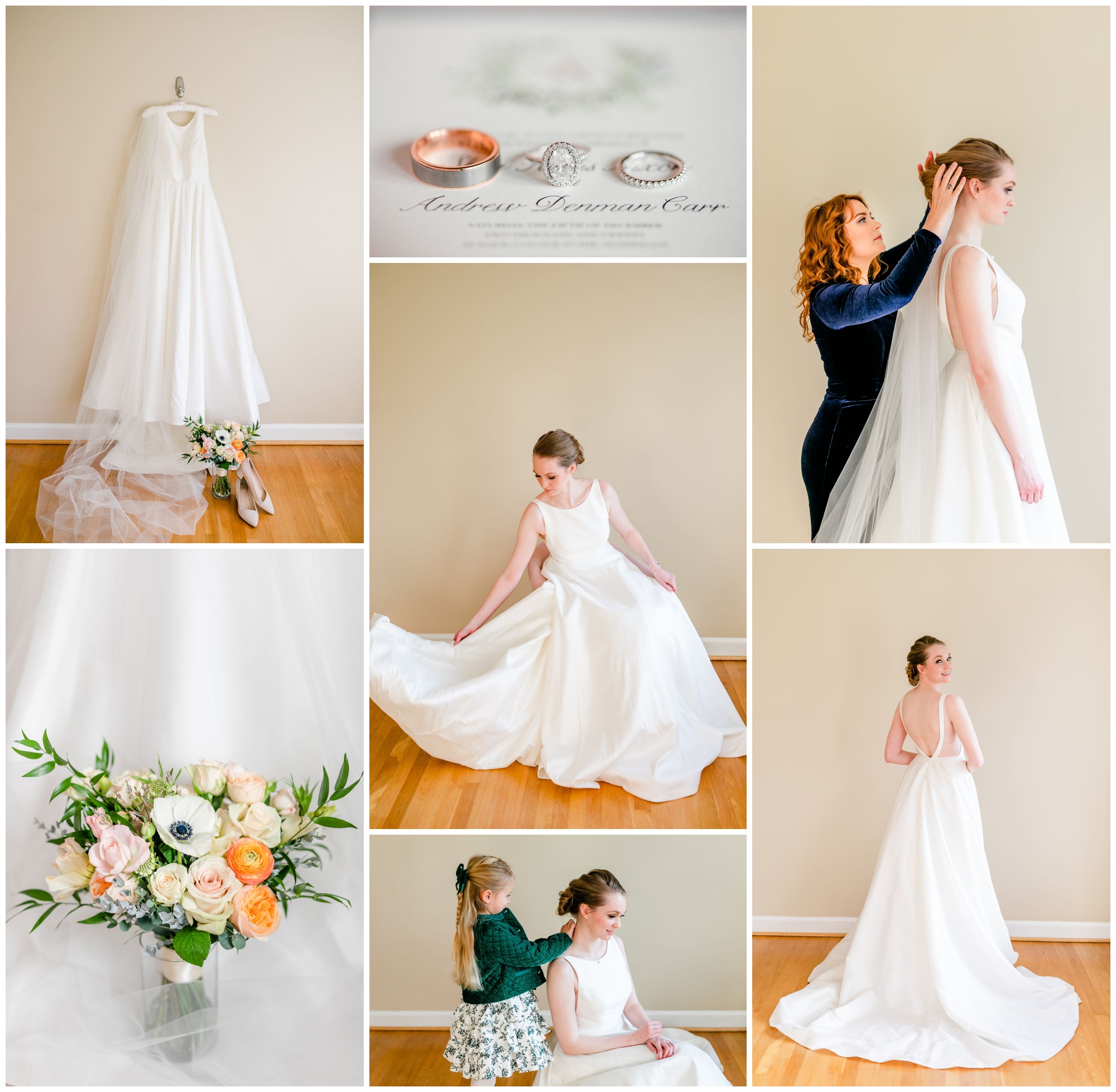 how to prepare your home for photos, wedding photography tips, tips for engaged couples, elopement tips, small wedding tips, in-home portraits, in-home photos, D.C. wedding photographer, Virginia wedding photographer, Baltimore wedding photographer, Rachel E.H. Photography, wedding dress on hanger, white and orange bouquet, green flower girl dress, rose gold wedding band