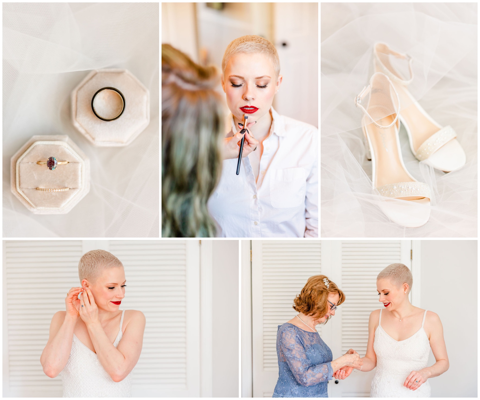 how to prepare your home for photos, wedding photography tips, tips for engaged couples, elopement tips, small wedding tips, in-home portraits, in-home photos, D.C. wedding photographer, Virginia wedding photographer, Baltimore wedding photographer, Rachel E.H. Photography, wedding lip liner, woman helping bride, emerald engagement ring, short haired bride