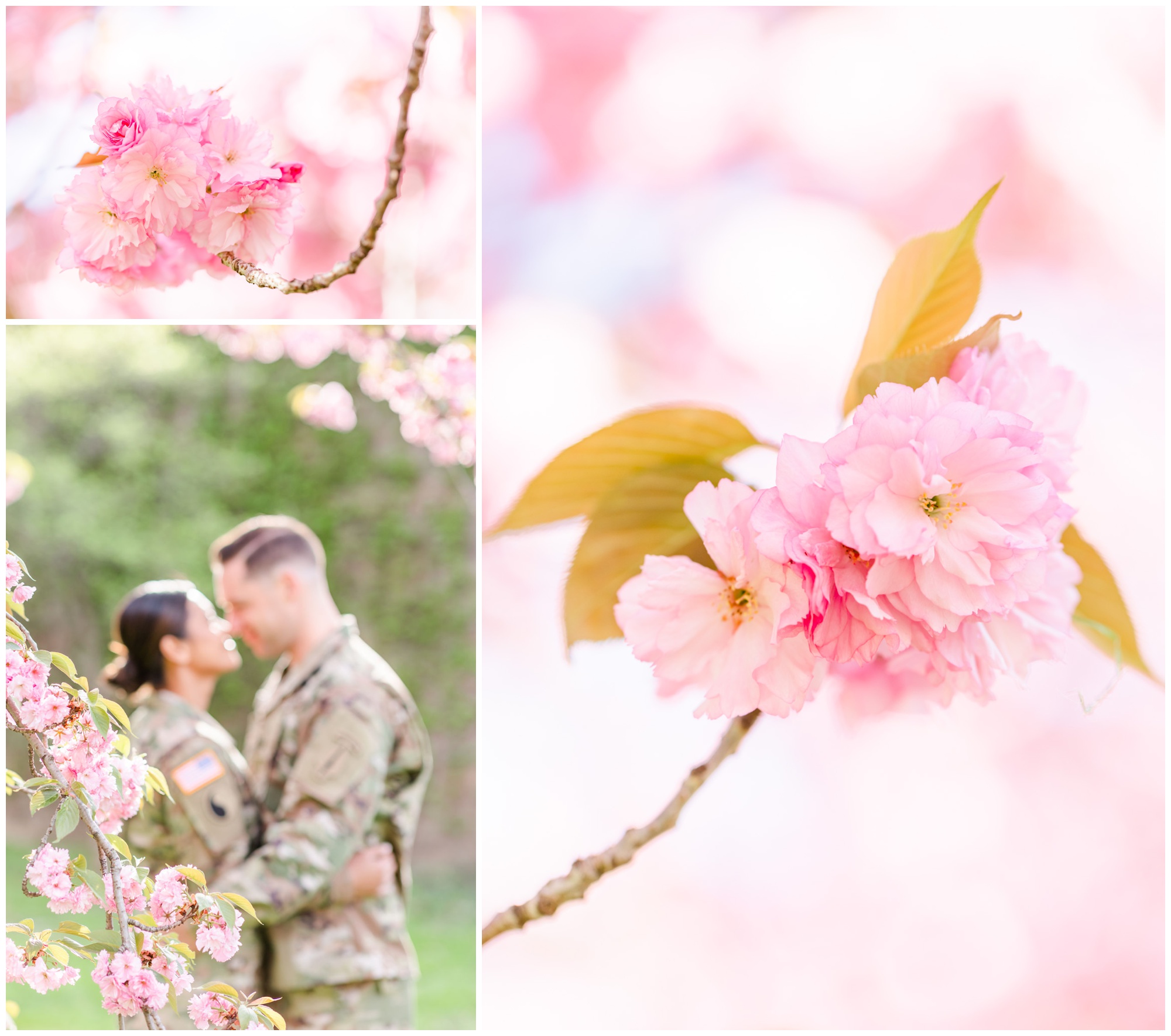 kwanzan cherry blossom photos, D.C. cherry blossoms, alternative cherry blossoms, flowering trees, bright pink blossoms, fluffy pink blossoms, spring portraits, spring photo ideas, Rachel E.H. Photography, military couple almost kissing, military couple hugging, couple behind cherry blossom branch