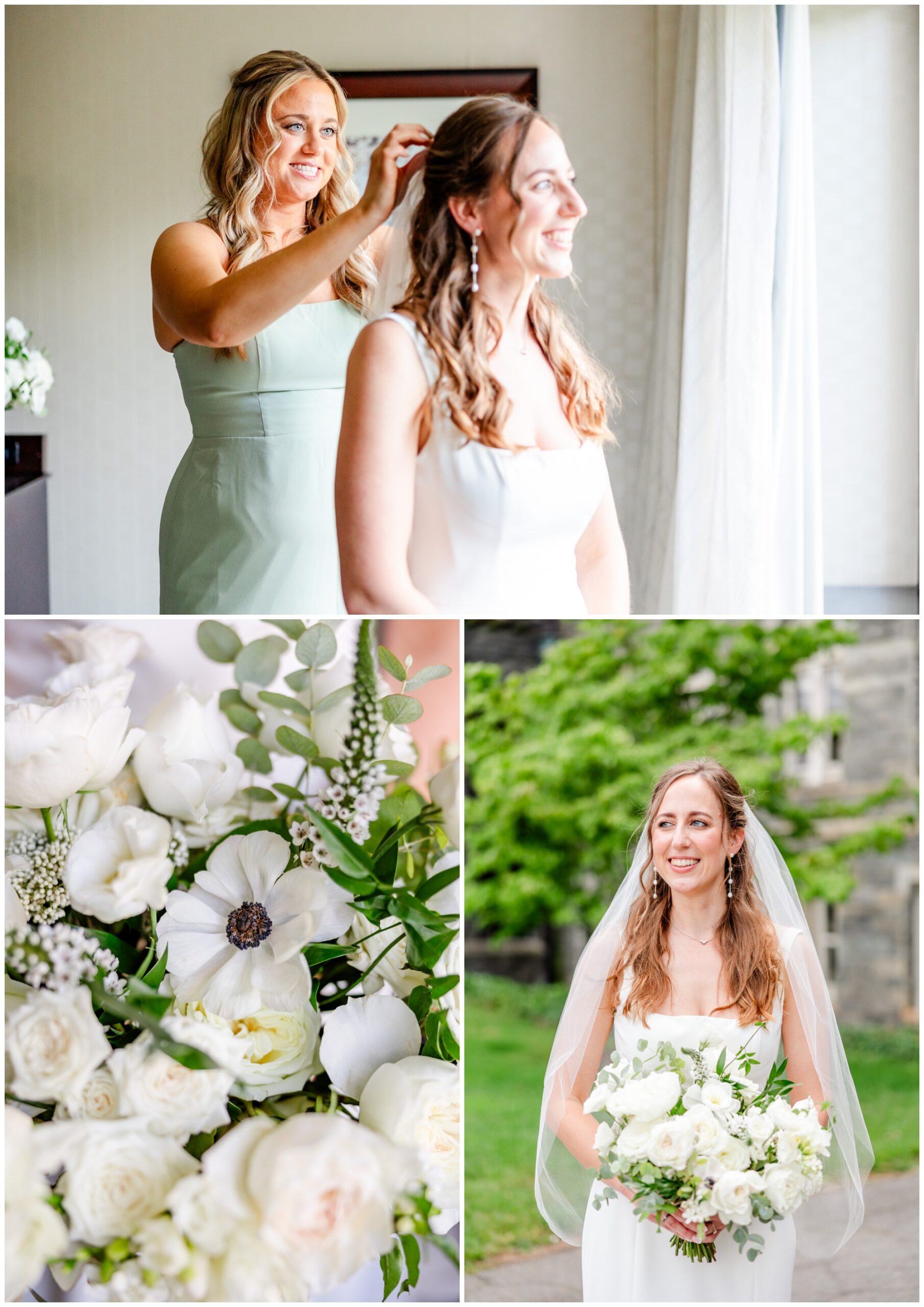 Washington D.C. summer wedding, Toolbox Washington D.C., Dupont Circle wedding venue, summer wedding aesthetic, summer wedding portraits, sage green aesthetic, Washington D.C. wedding photography, D.C. wedding photographer, Rachel E.H. Photography, Georgetown University portraits, Georgetown portraits, bridesmaid helping bride with hair, white bouquet, bride smiling in different direction, Bee Inspired Events bouquet
