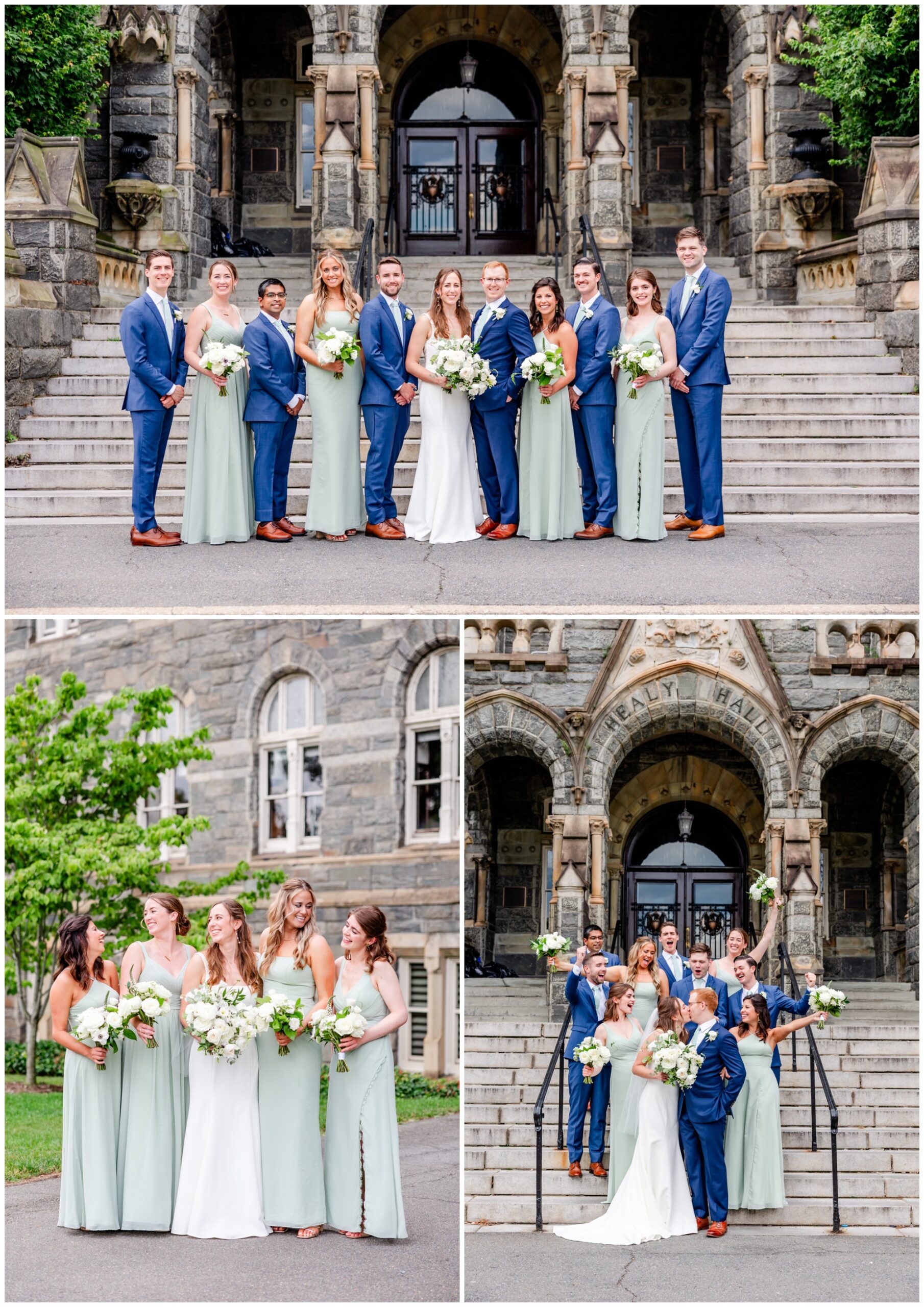 Washington D.C. summer wedding, Toolbox Washington D.C., Dupont Circle wedding venue, summer wedding aesthetic, summer wedding portraits, sage green aesthetic, Washington D.C. wedding photography, D.C. wedding photographer, Rachel E.H. Photography, Georgetown University portraits, Georgetown portraits, bride and groom standing with wedding party, bride smiling at bridesmaids 