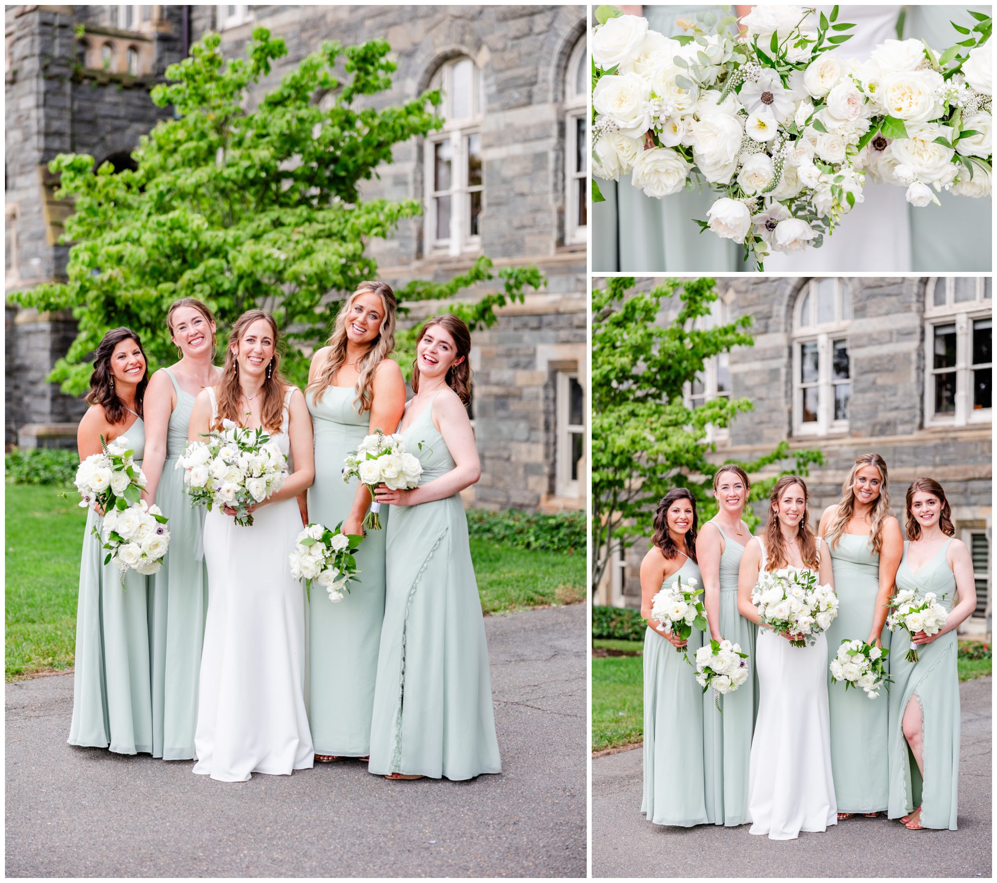 Washington D.C. summer wedding, Toolbox Washington D.C., Dupont Circle wedding venue, summer wedding aesthetic, summer wedding portraits, sage green aesthetic, Washington D.C. wedding photography, D.C. wedding photographer, Rachel E.H. Photography, Georgetown University portraits, Georgetown portraits, bridesmaids smiling, pale mint bridesmaids dresses, white bouquet, Carolyn Thombs hair and makeup