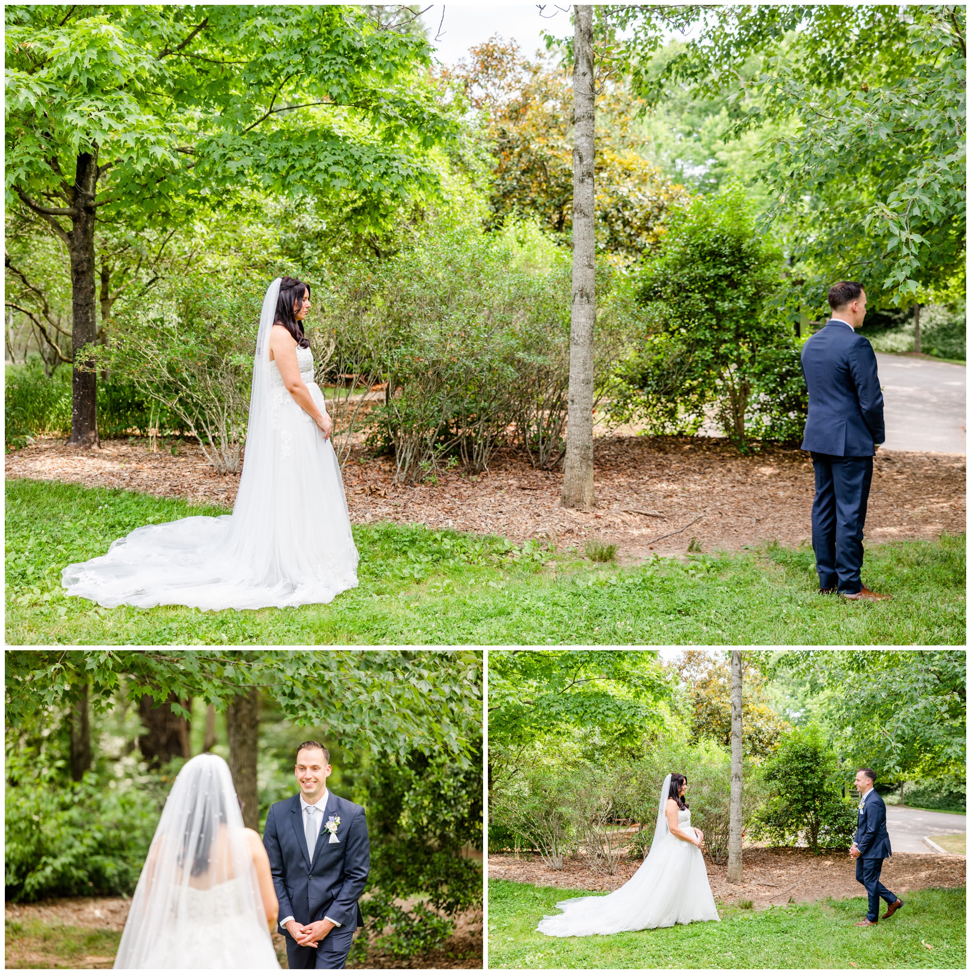dreamy spring Mt. Vernon Inn wedding, Mount Vernon Inn Restaurant, Mount Vernon Virginia, classic D.C. wedding, classic spring wedding, white and blue wedding, steel blue aesthetic, spring wedding, spring wedding aesthetic, Rachel E.H. Photography, D.C. wedding photography, D.C. wedding photographer, bride and groom first look, groom with back turned to bride