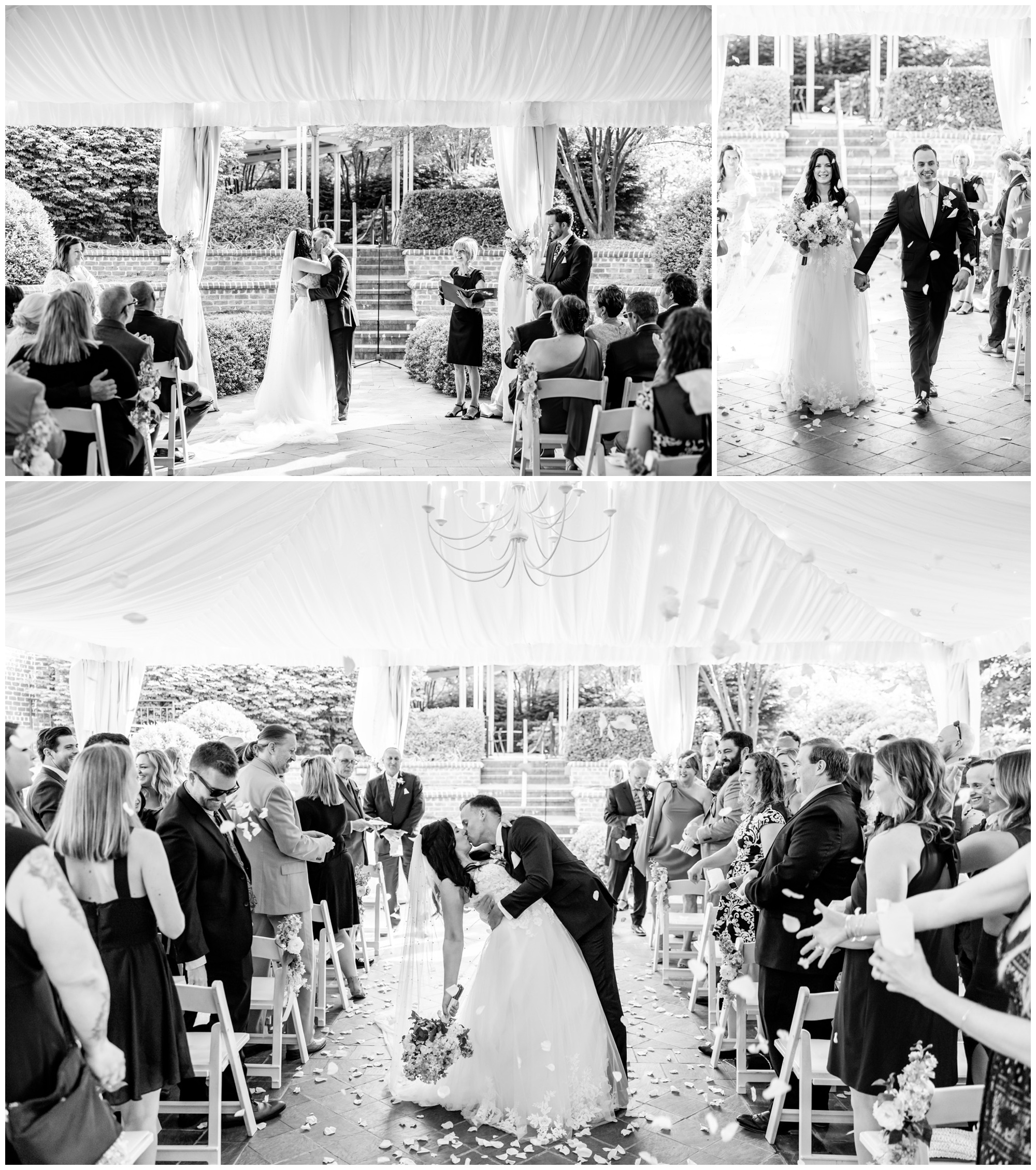 dreamy spring Mt. Vernon Inn wedding, Mount Vernon Inn Restaurant, Mount Vernon Virginia, classic D.C. wedding, classic spring wedding, white and blue wedding, steel blue aesthetic, spring wedding, spring wedding aesthetic, Rachel E.H. Photography, D.C. wedding photography, D.C. wedding photographer, black and white, bride and groom kissing at alter, bride and groom leaving ceremony