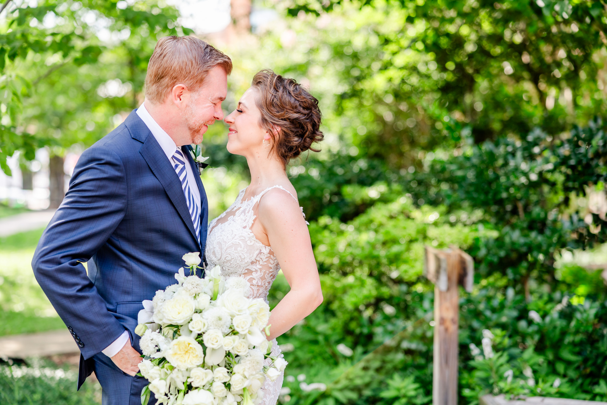 romantic Ritz Carlton Georgetown wedding, summer wedding aesthetic, green and white aesthetic, summer D.C. wedding, D.C. wedding venues, Ritz Carlton wedding, Washington D.C. wedding, romantic wedding aesthetic, Georgetown wedding, Rachel E.H. Photography, D.C. photographer, bride and groom smiling, couple touching noses