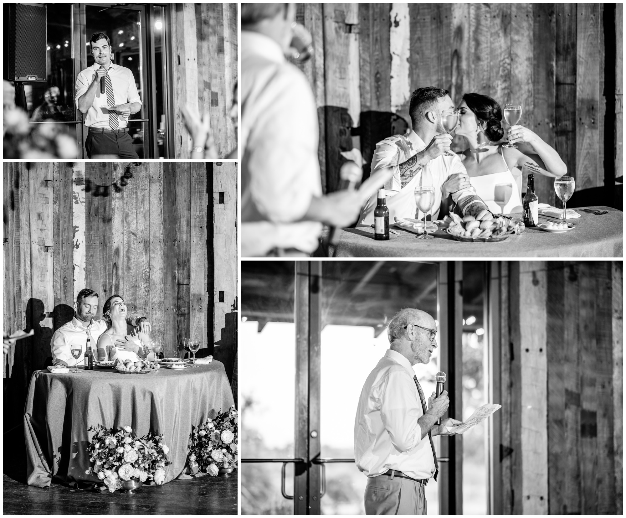 Winery at Bull Run summer wedding, summer winery wedding, vineyard wedding, Winery at Bull Run wedding, Virginia winery wedding, Virginia vineyard wedding, outdoor summer wedding, natural light wedding photography, Centreville Virginia, northern Virginia wedding, blue and white aesthetic, Rachel E.H. Photography, Virginia wedding photographer, couple kissing, couple at reception table, black and white