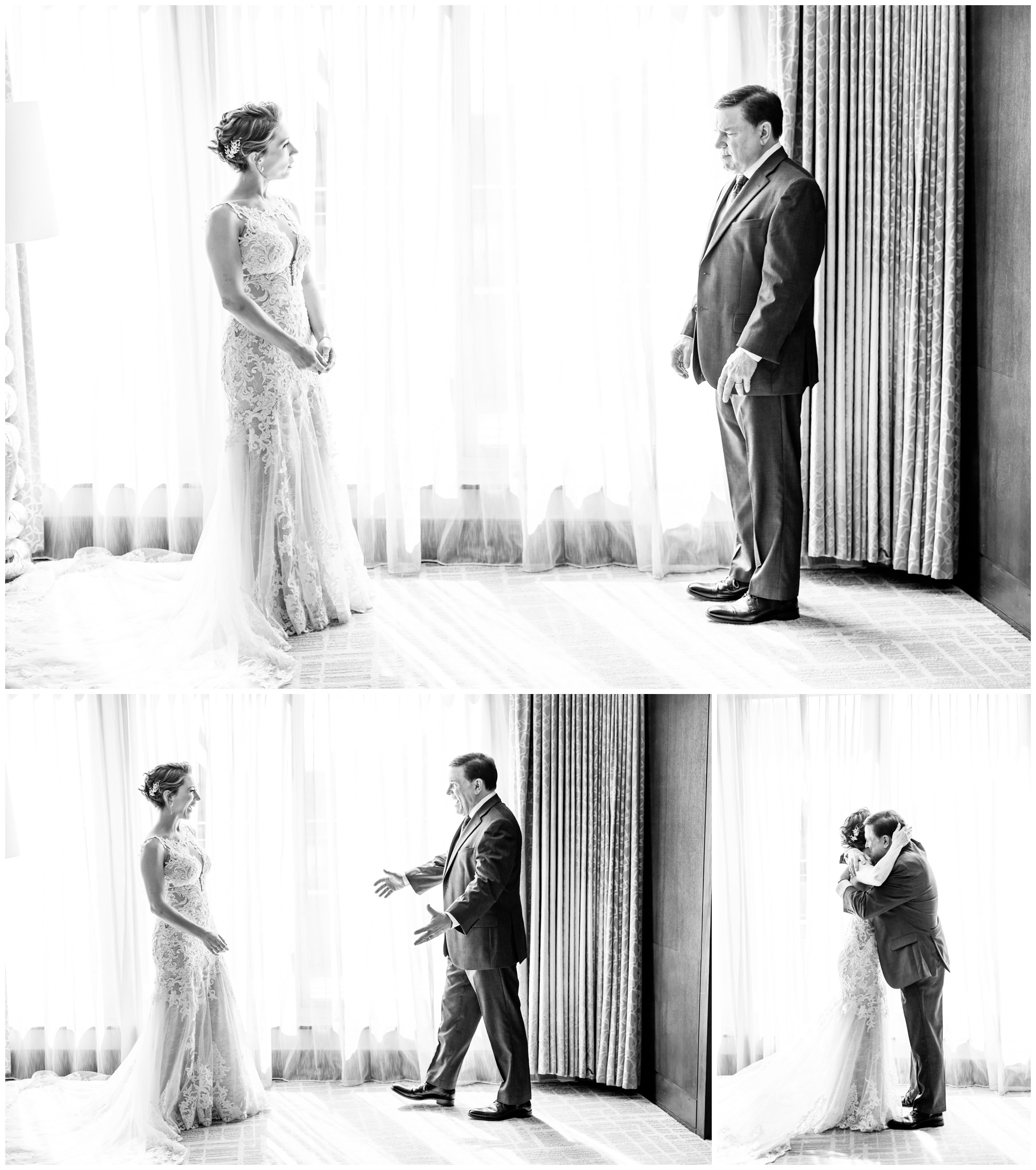 romantic Ritz Carlton Georgetown wedding, summer wedding aesthetic, green and white aesthetic, summer D.C. wedding, D.C. wedding venues, Ritz Carlton wedding, Washington D.C. wedding, romantic wedding aesthetic, Georgetown wedding, Rachel E.H. Photography, D.C. photographer, bride and groom first look, bride and father hugging