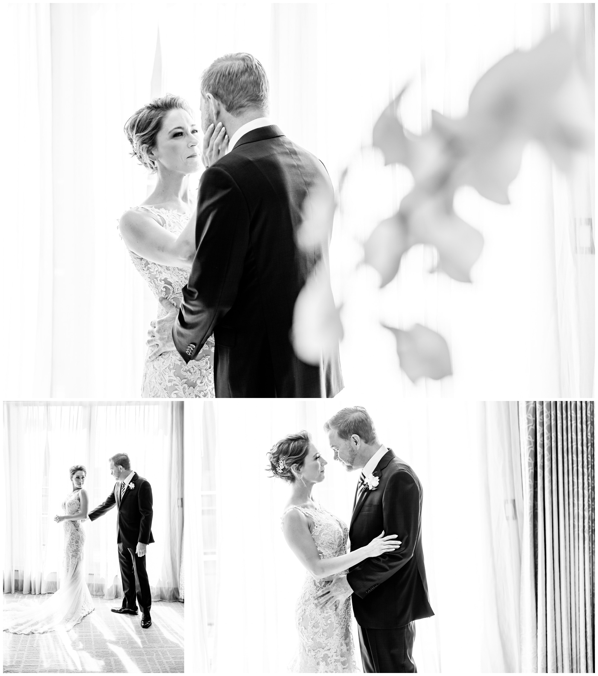 romantic Ritz Carlton Georgetown wedding, summer wedding aesthetic, green and white aesthetic, summer D.C. wedding, D.C. wedding venues, Ritz Carlton wedding, Washington D.C. wedding, romantic wedding aesthetic, Georgetown wedding, Rachel E.H. Photography, D.C. photographer, bride and groom first look, black and white, couple hugging, bride holding grooms face