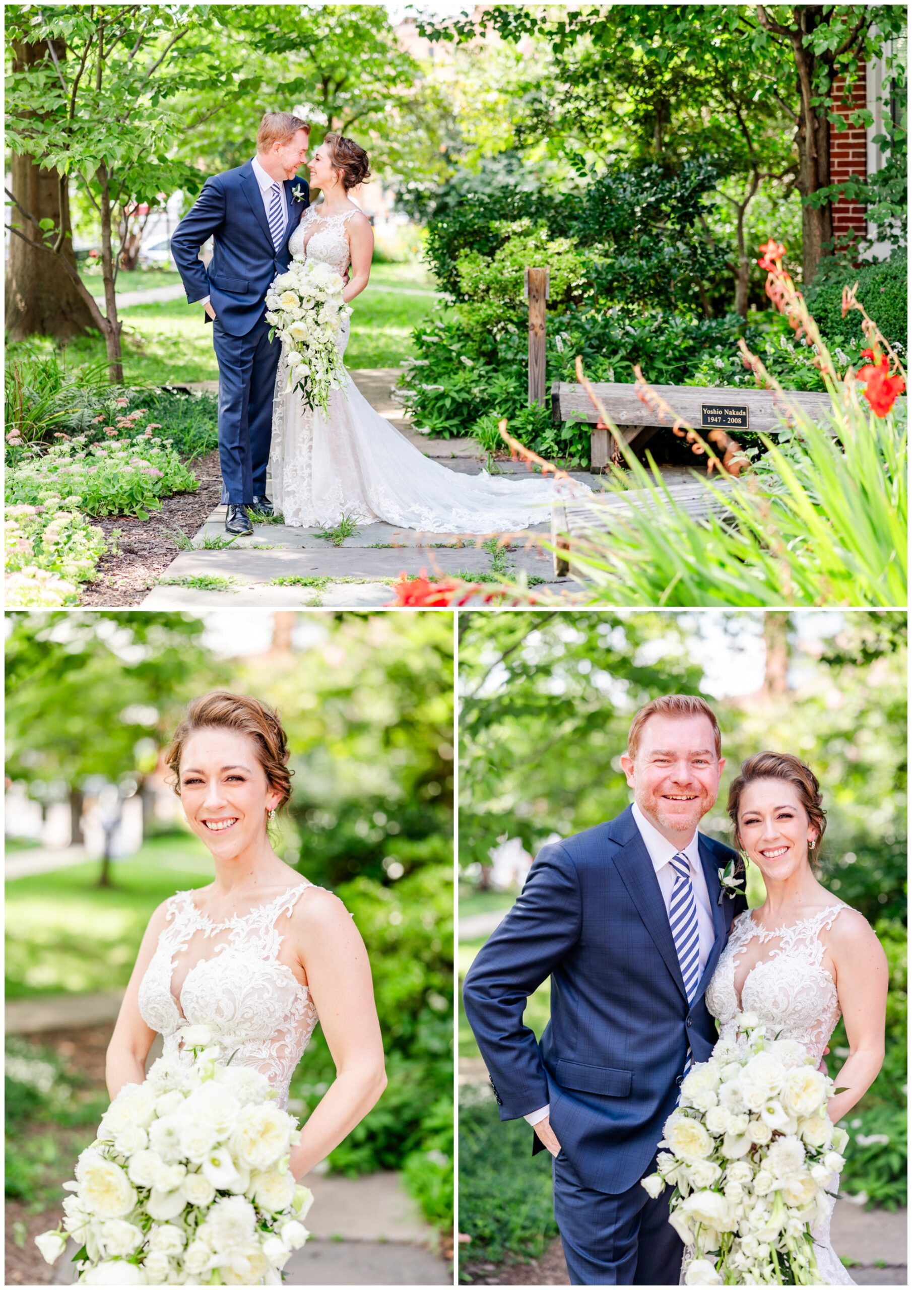 romantic Ritz Carlton Georgetown wedding, summer wedding aesthetic, green and white aesthetic, summer D.C. wedding, D.C. wedding venues, Ritz Carlton wedding, Washington D.C. wedding, romantic wedding aesthetic, Georgetown wedding, Rachel E.H. Photography, D.C. photographer, bride and groom portrait, couple smiling in garden, white bouquet