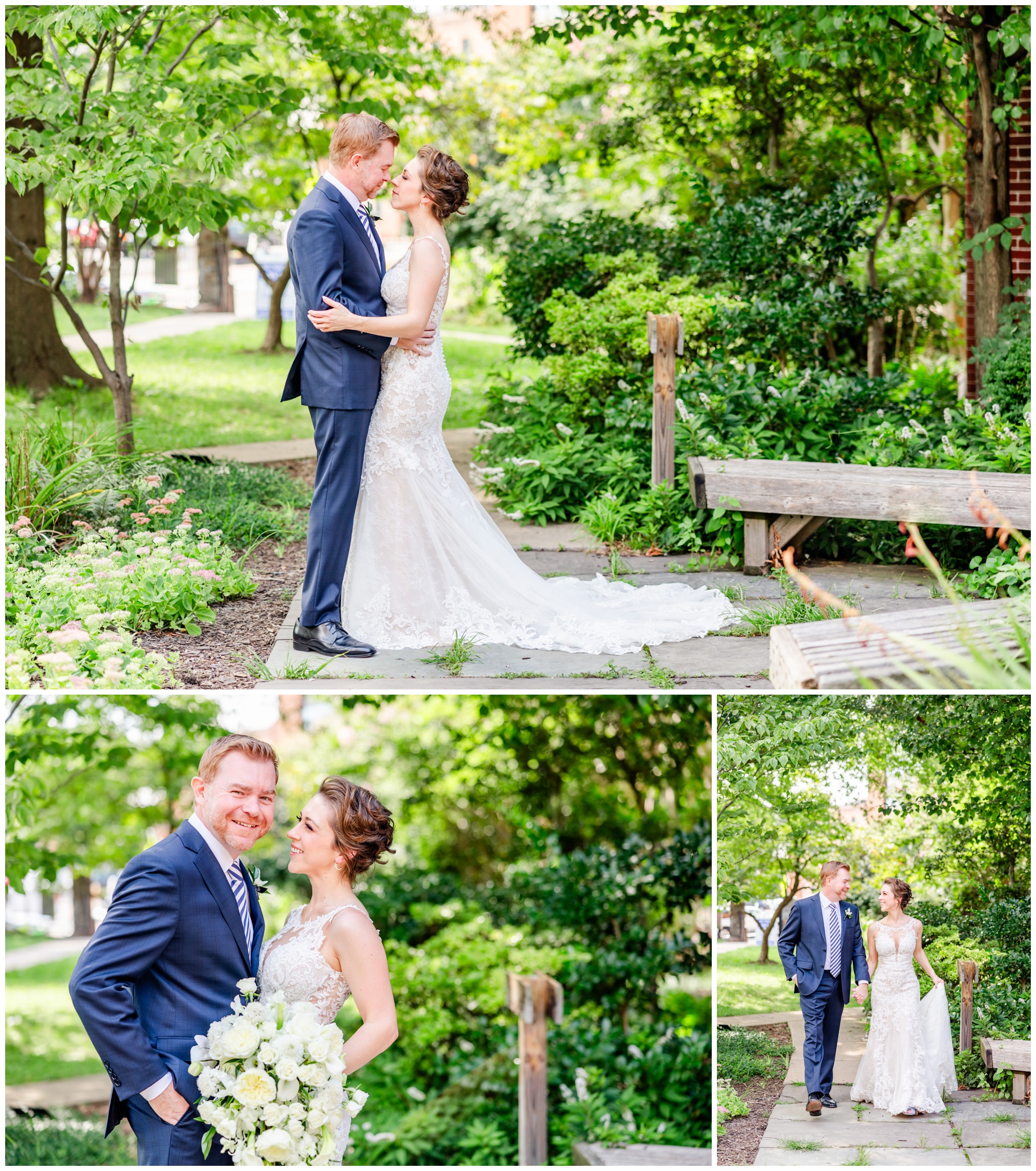 romantic Ritz Carlton Georgetown wedding, summer wedding aesthetic, green and white aesthetic, summer D.C. wedding, D.C. wedding venues, Ritz Carlton wedding, Washington D.C. wedding, romantic wedding aesthetic, Georgetown wedding, Rachel E.H. Photography, D.C. photographer, couple holding each other, couple on stone path, bride looking at groom 