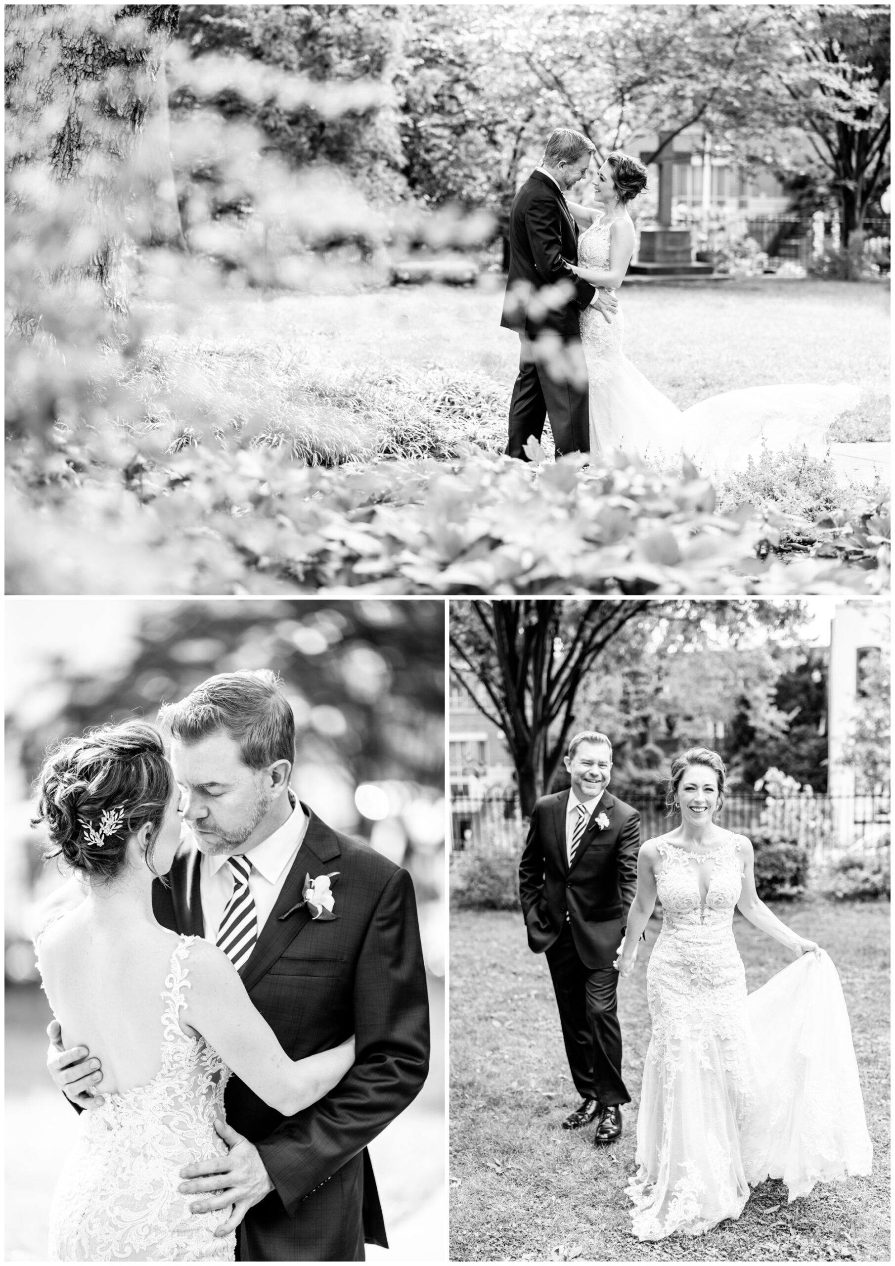 romantic Ritz Carlton Georgetown wedding, summer wedding aesthetic, green and white aesthetic, summer D.C. wedding, D.C. wedding venues, Ritz Carlton wedding, Washington D.C. wedding, romantic wedding aesthetic, Georgetown wedding, Rachel E.H. Photography, D.C. photographer, black and white, couple almost kissing from behind bush, couple almost kissing, bride and groom holding hands