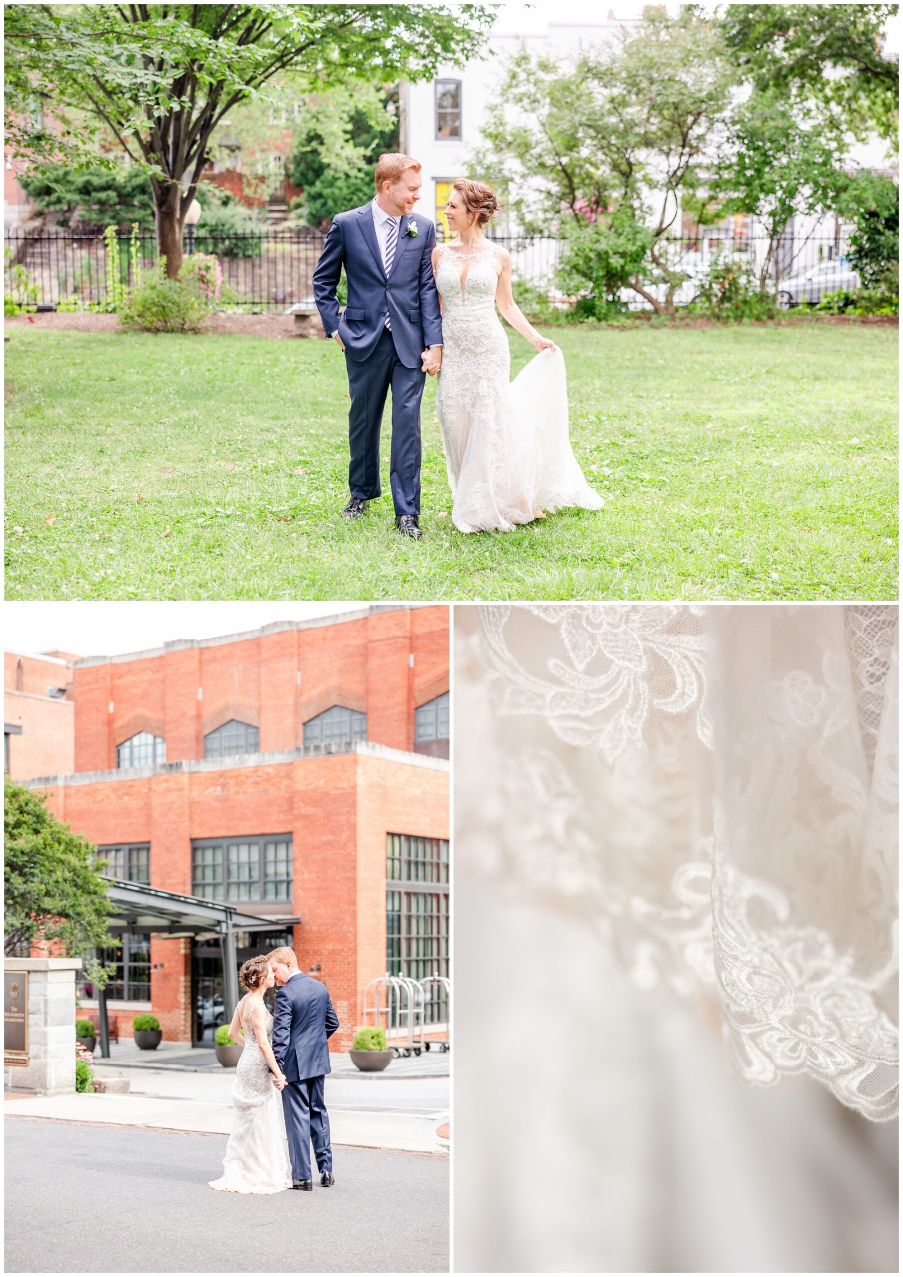 romantic Ritz Carlton Georgetown wedding, summer wedding aesthetic, green and white aesthetic, summer D.C. wedding, D.C. wedding venues, Ritz Carlton wedding, Washington D.C. wedding, romantic wedding aesthetic, Georgetown wedding, Rachel E.H. Photography, D.C. photographer, couple holding hands and walking towards camera, white lace of dress, couple kissing in front of wedding venue