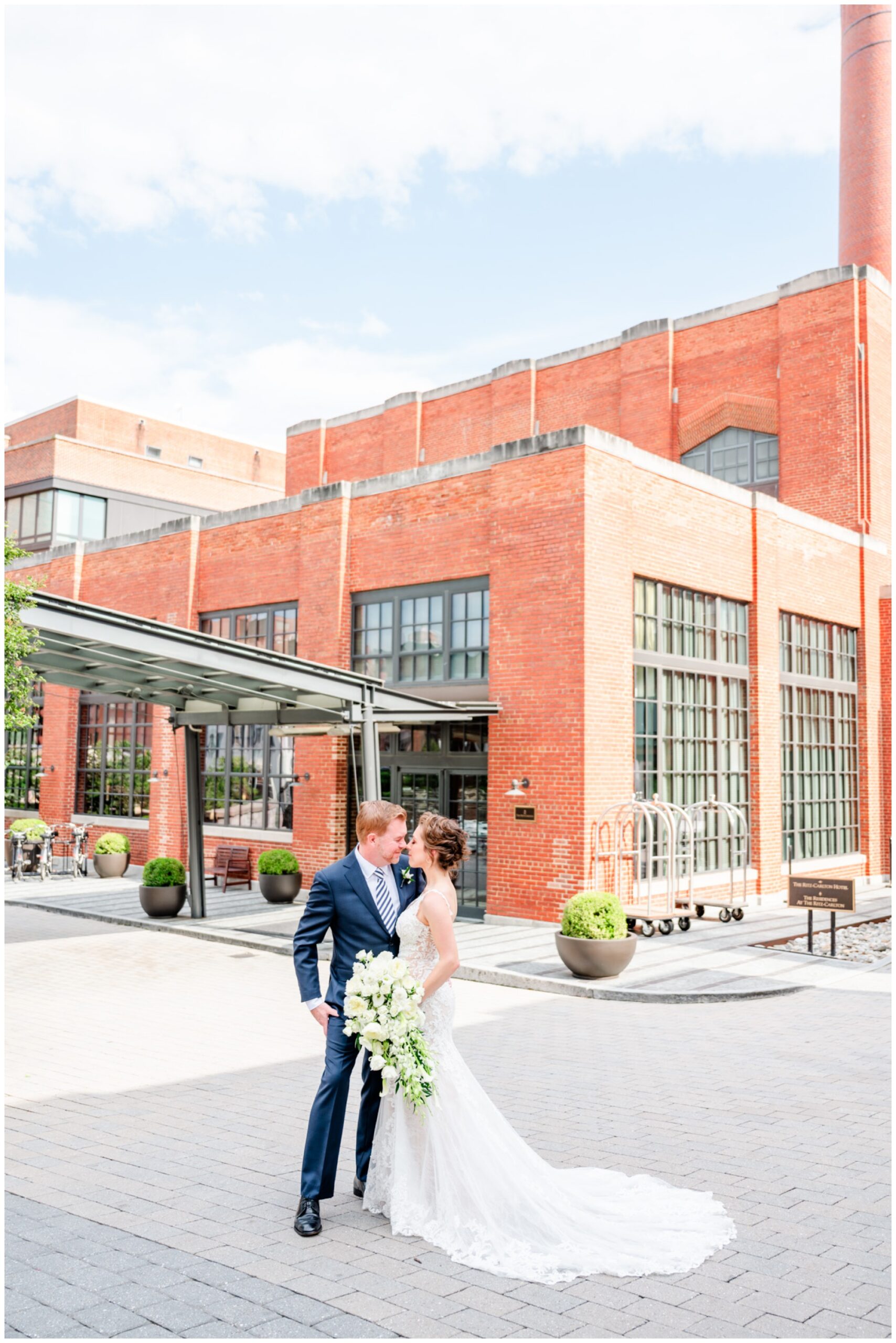 romantic Ritz Carlton Georgetown wedding, summer wedding aesthetic, green and white aesthetic, summer D.C. wedding, D.C. wedding venues, Ritz Carlton wedding, Washington D.C. wedding, romantic wedding aesthetic, Georgetown wedding, Rachel E.H. Photography, D.C. photographer, bride and groom almost kissing, bride and groom smiling at each other