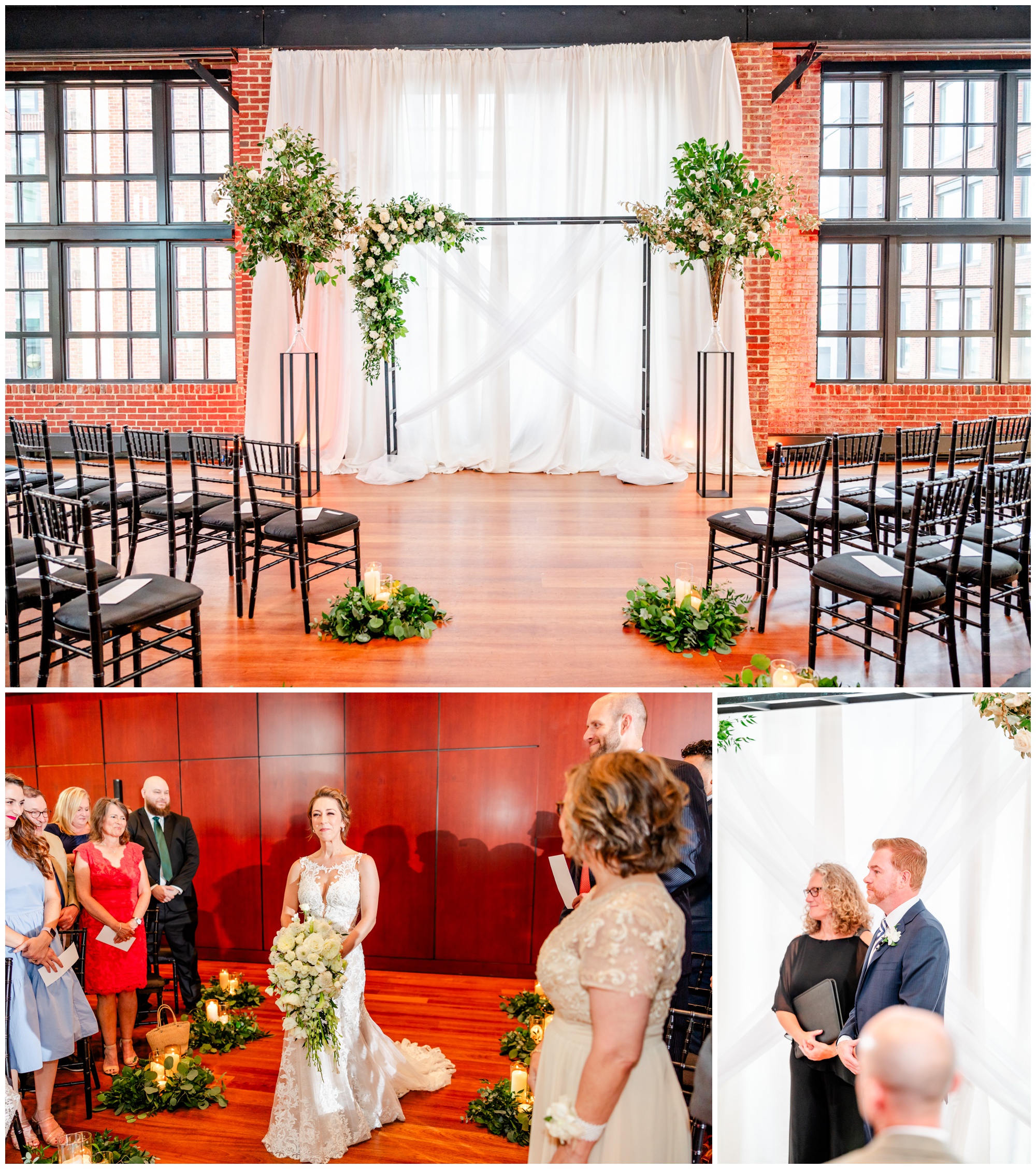 romantic Ritz Carlton Georgetown wedding, summer wedding aesthetic, green and white aesthetic, summer D.C. wedding, D.C. wedding venues, Ritz Carlton wedding, Washington D.C. wedding, romantic wedding aesthetic, Georgetown wedding, Rachel E.H. Photography, D.C. photographer, greenery alter, bride walking down aisle, groom waiting at alter
