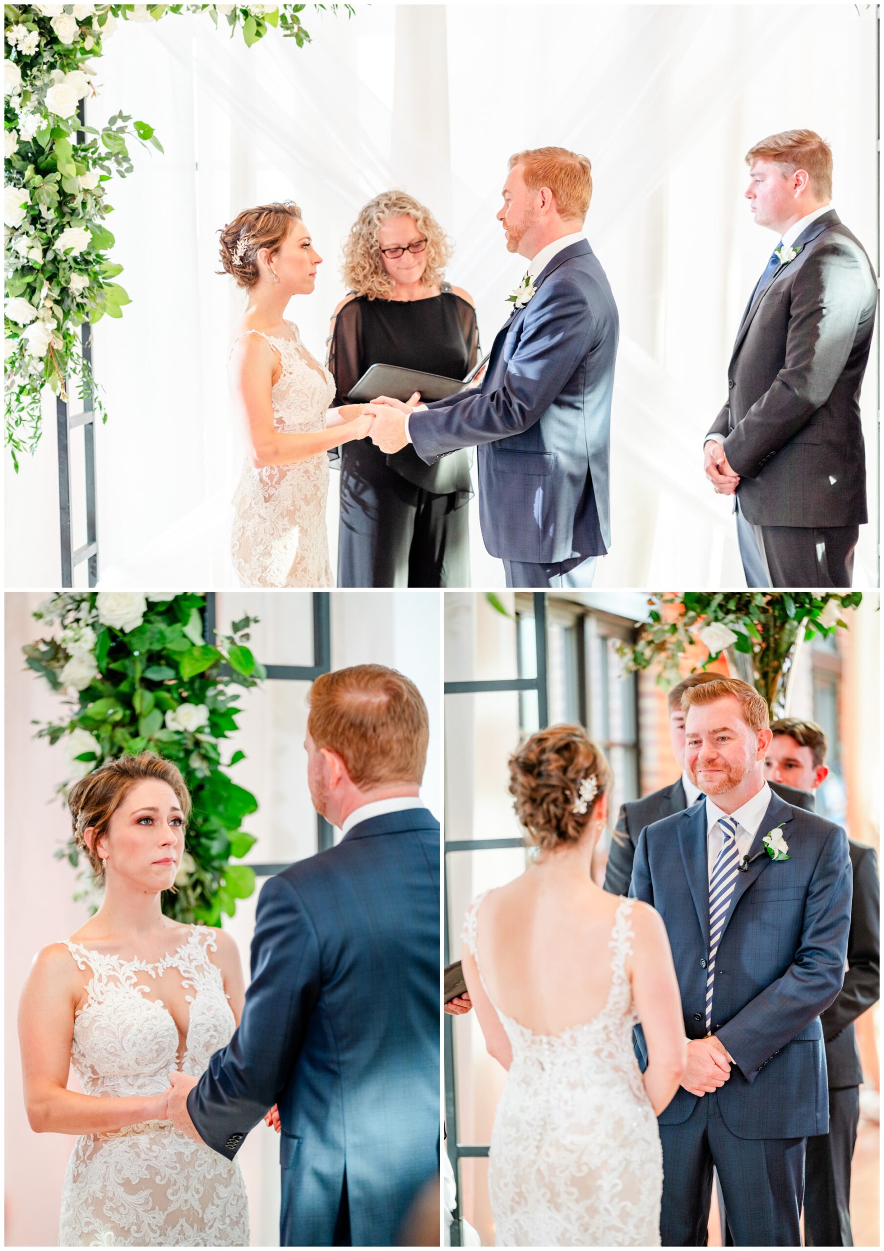 romantic Ritz Carlton Georgetown wedding, summer wedding aesthetic, green and white aesthetic, summer D.C. wedding, D.C. wedding venues, Ritz Carlton wedding, Washington D.C. wedding, romantic wedding aesthetic, Georgetown wedding, Rachel E.H. Photography, D.C. photographer, couple at alter, groom tearing up, couple holding hands at alter