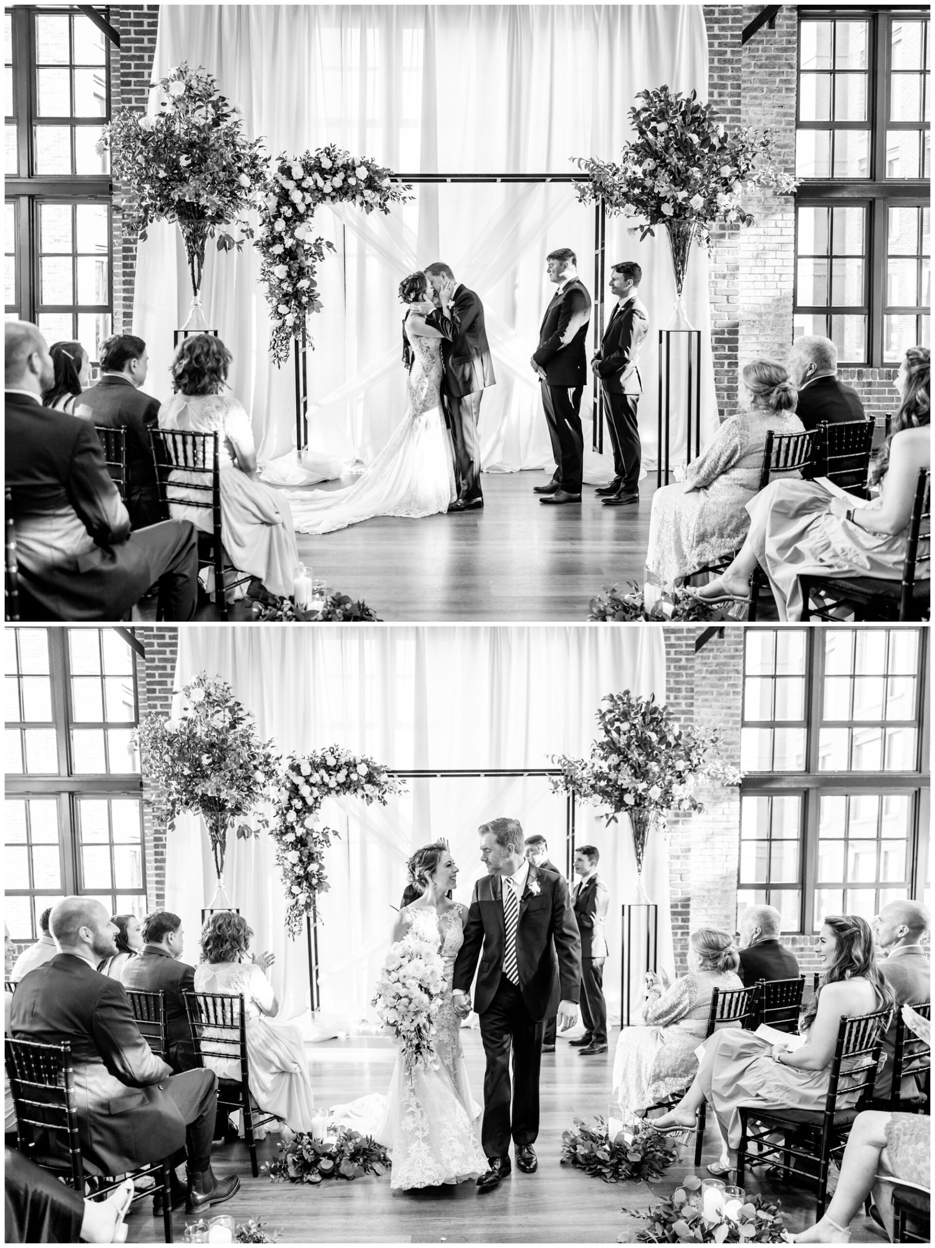 romantic Ritz Carlton Georgetown wedding, summer wedding aesthetic, green and white aesthetic, summer D.C. wedding, D.C. wedding venues, Ritz Carlton wedding, Washington D.C. wedding, romantic wedding aesthetic, Georgetown wedding, Rachel E.H. Photography, D.C. photographer, black and white, couple kissing at alter, couple walking back down aisle