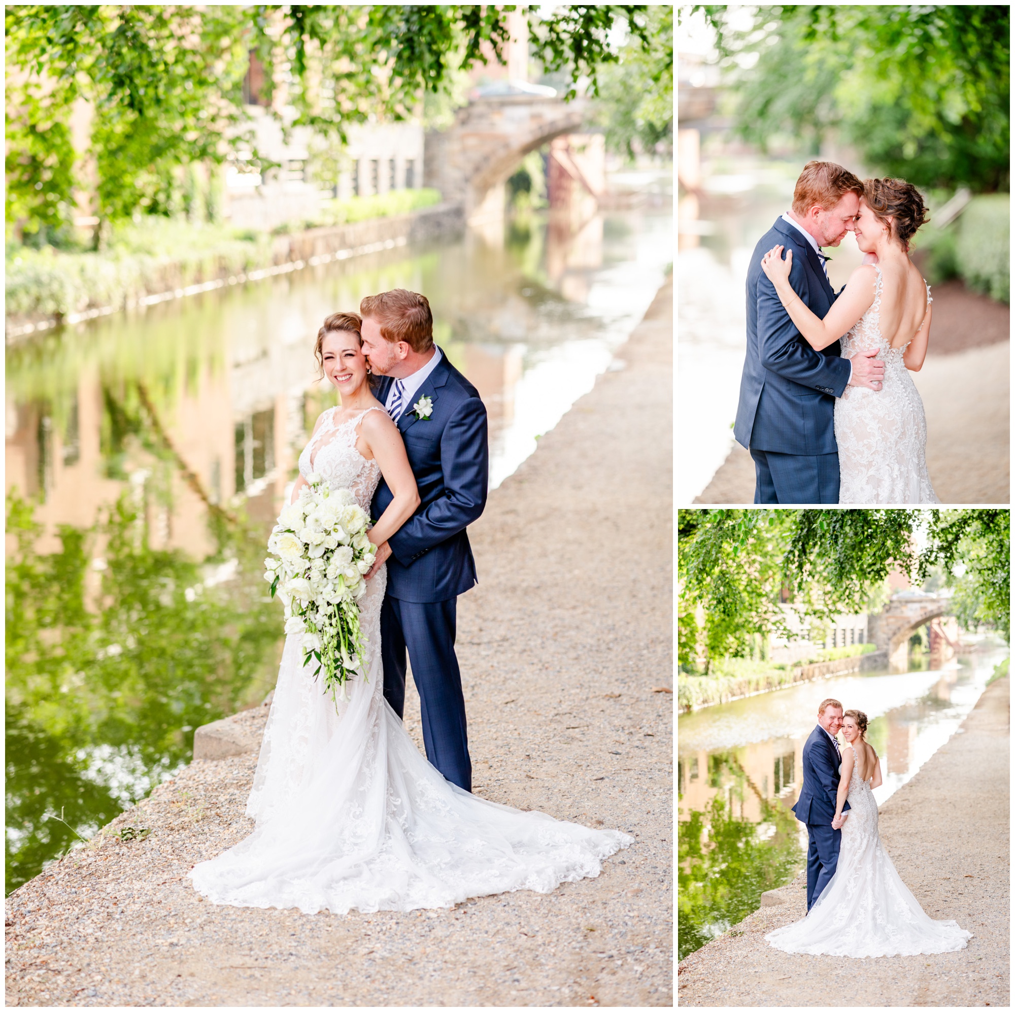 romantic Ritz Carlton Georgetown wedding, summer wedding aesthetic, green and white aesthetic, summer D.C. wedding, D.C. wedding venues, Ritz Carlton wedding, Washington D.C. wedding, romantic wedding aesthetic, Georgetown wedding, Rachel E.H. Photography, D.C. photographer, groom kissing brides cheek, couple touching foreheads, couple beside canal
