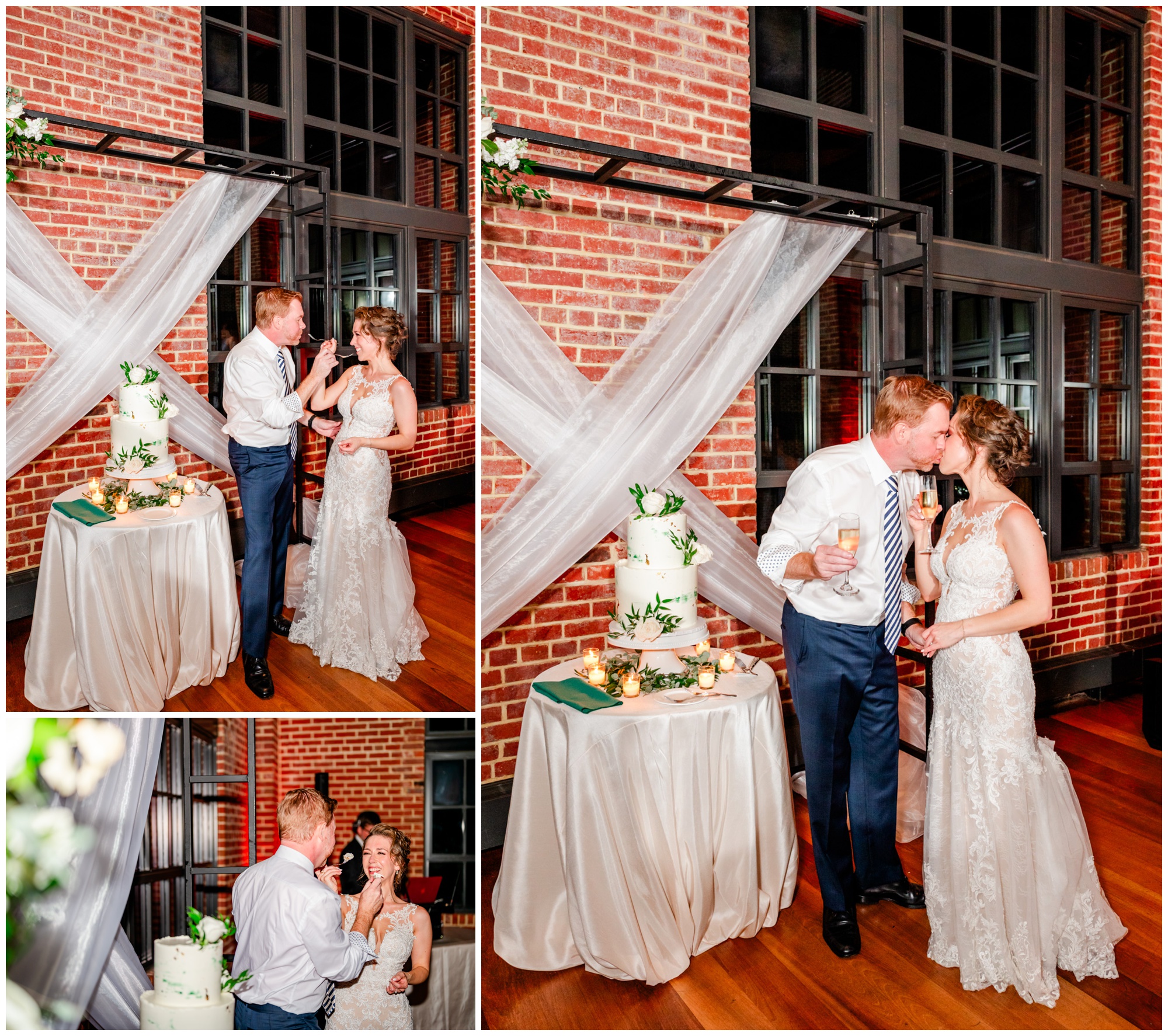 romantic Ritz Carlton Georgetown wedding, summer wedding aesthetic, green and white aesthetic, summer D.C. wedding, D.C. wedding venues, Ritz Carlton wedding, Washington D.C. wedding, romantic wedding aesthetic, Georgetown wedding, Rachel E.H. Photography, D.C. photographer, bride and groom eating wedding cake, bride and groom with cake, wedding cake