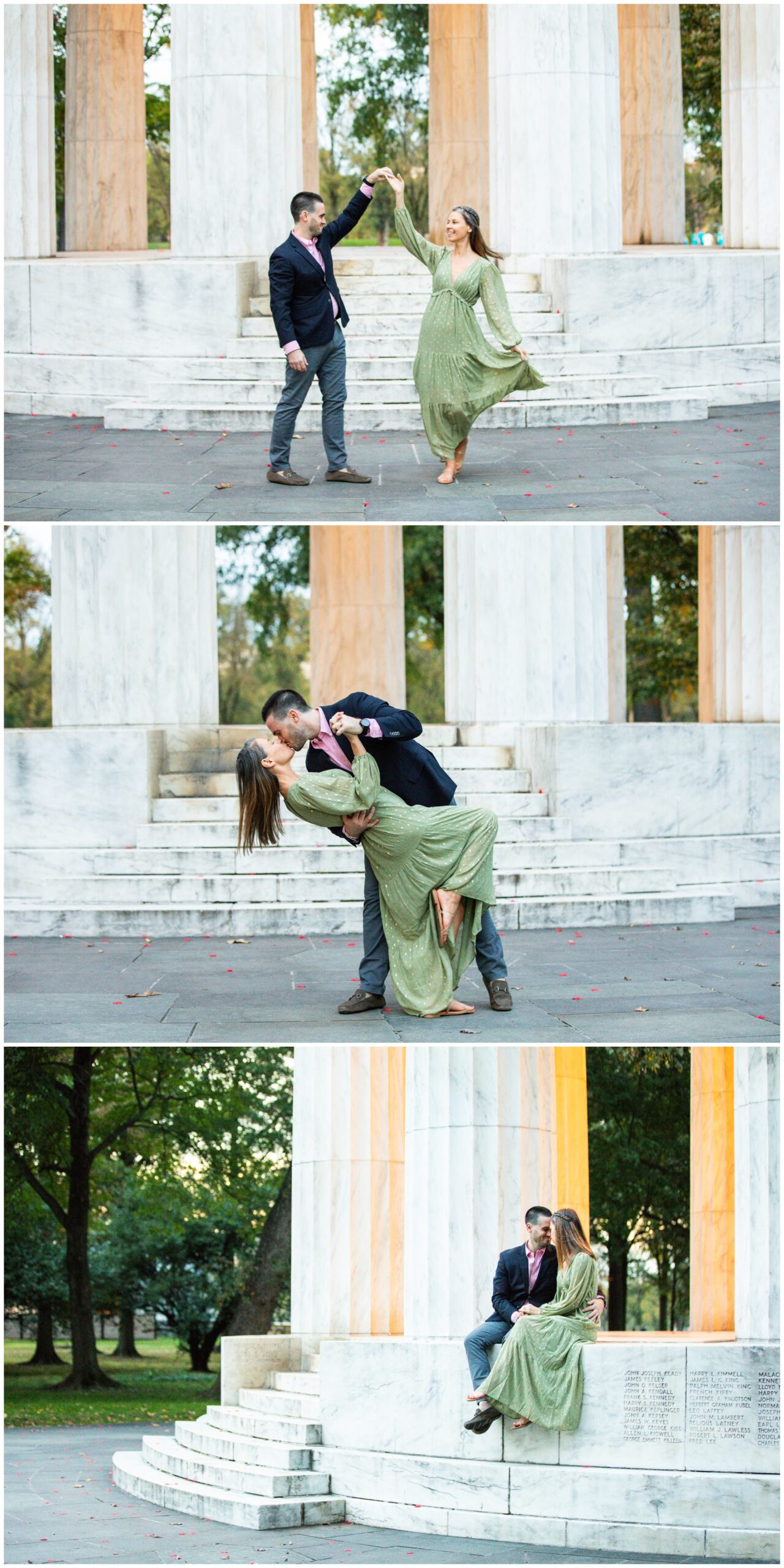 D.C. War Memorial proposal, Rachel E.H. Photography, Jon Fleming Photography, autumn proposal, D.C. proposal, dip kiss, twirl